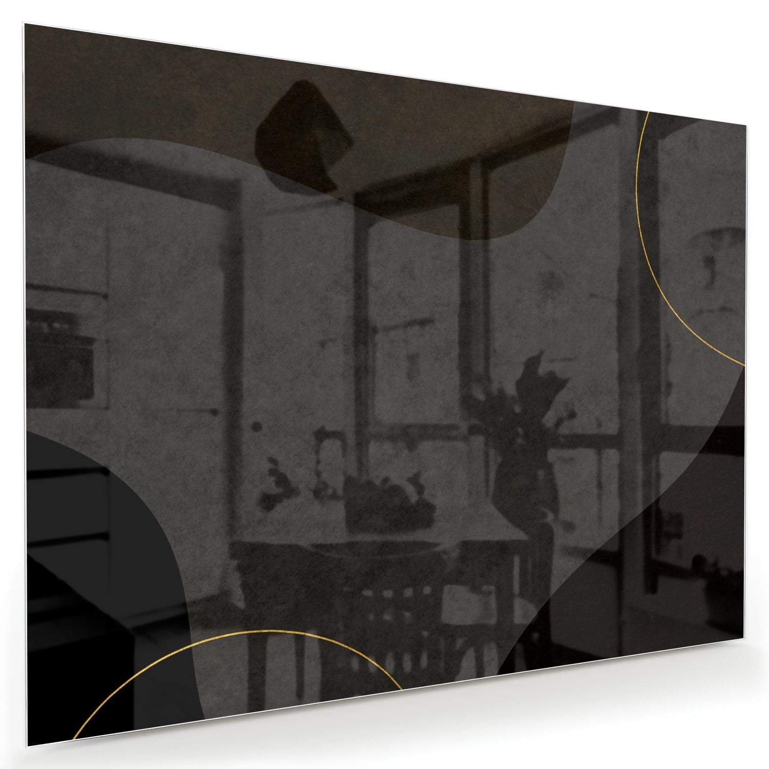 Modernes Glasbild mit abstrakten Formen in Schwarz