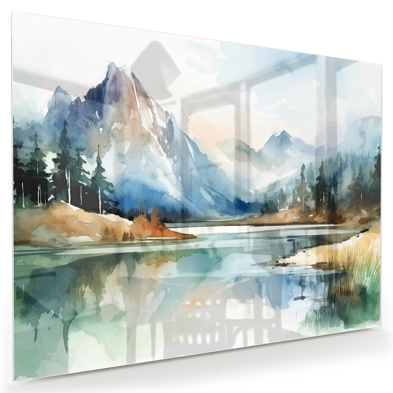 Glasbild mit Bergen und See im Aquarellstil