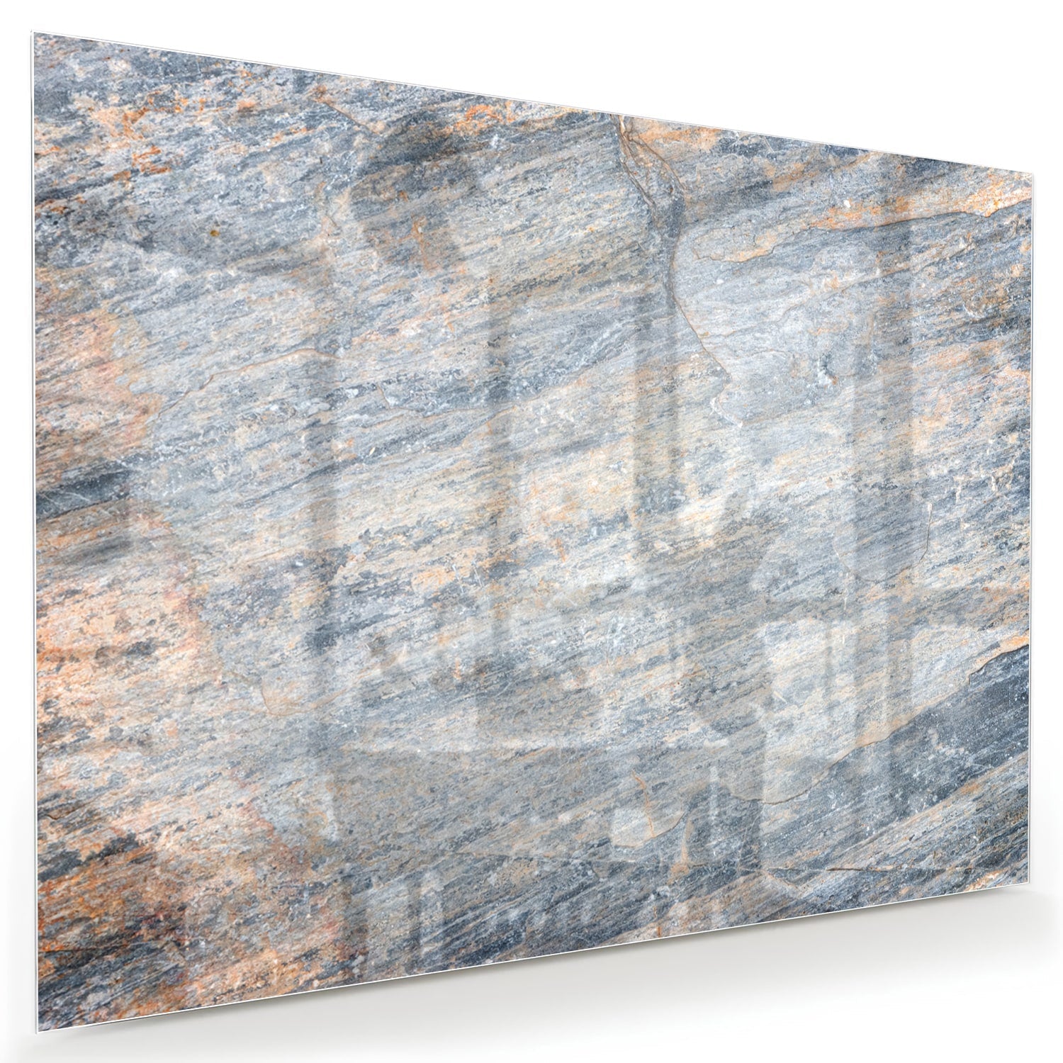 Abstraktes Glasbild mit blauen und orangefarbenen Tönen