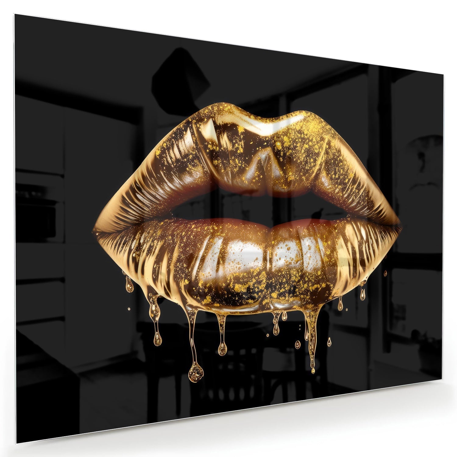 Glasbild mit goldenen Lippen – Wanddekoration für elegante Innenräume