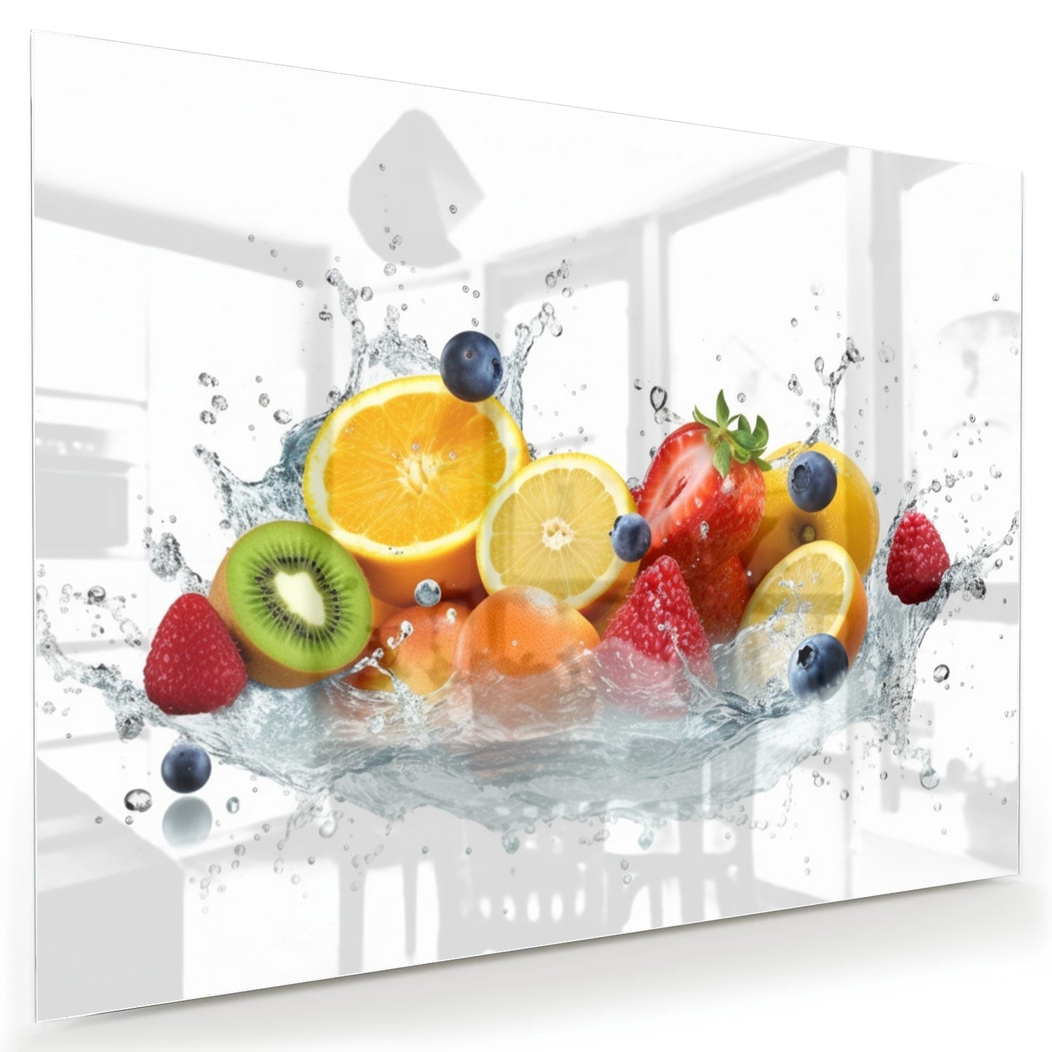 Stimmungsvolles Glasbild mit farbenfroher Fruchtkomposition