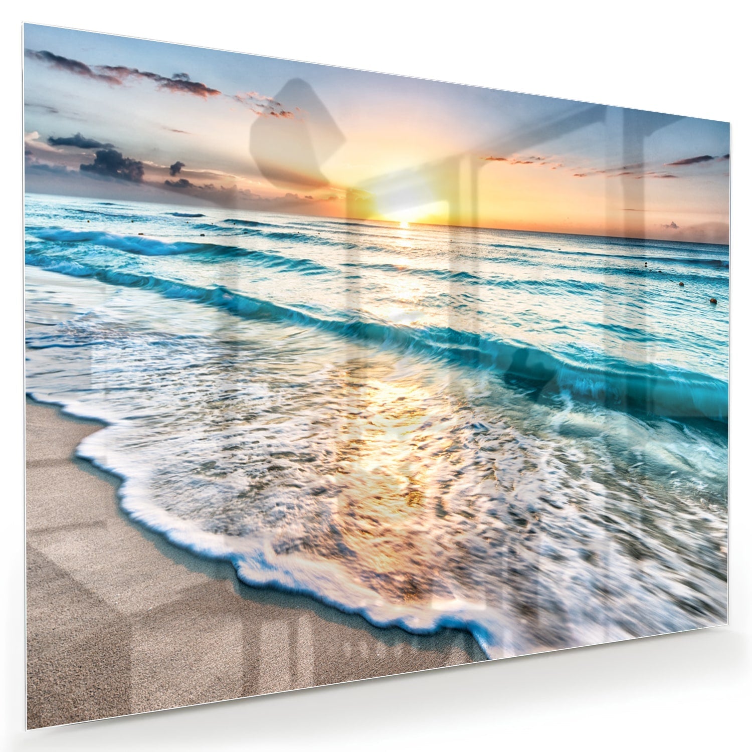 Wunderschönes Glasbild mit einem Sonnenuntergang am See
