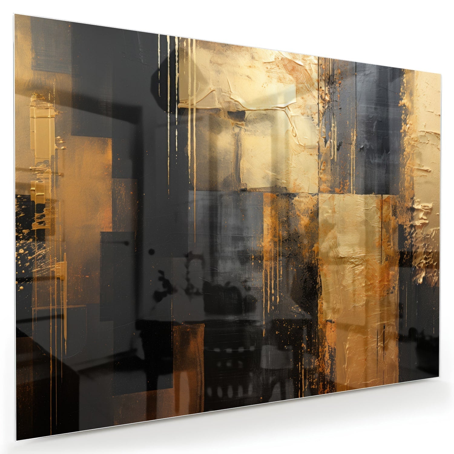 Abstraktes Glasbild in Gold und Schwarz