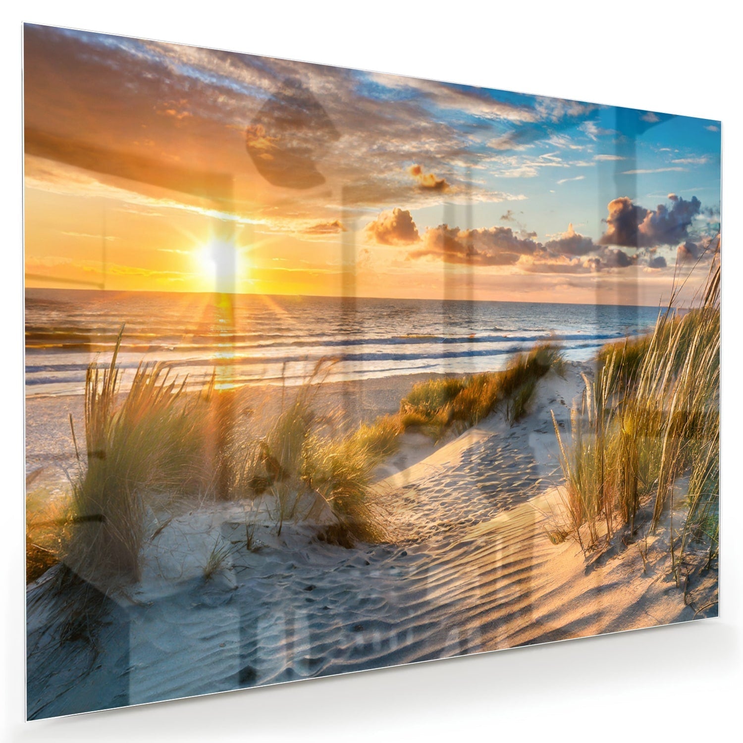 Glasbild – Sonnenuntergang am Strand