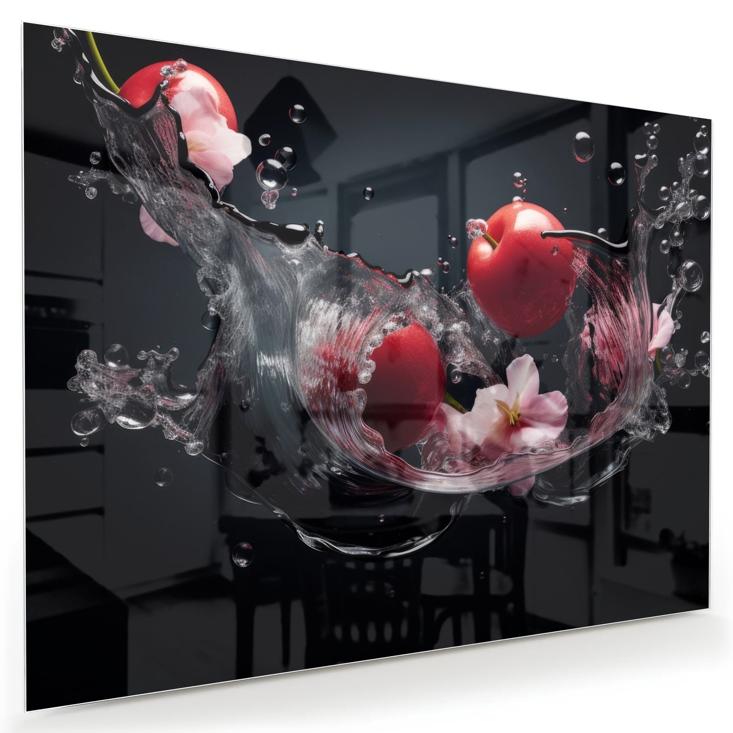 Glasbild mit rosa Blumen und Wassertropfen