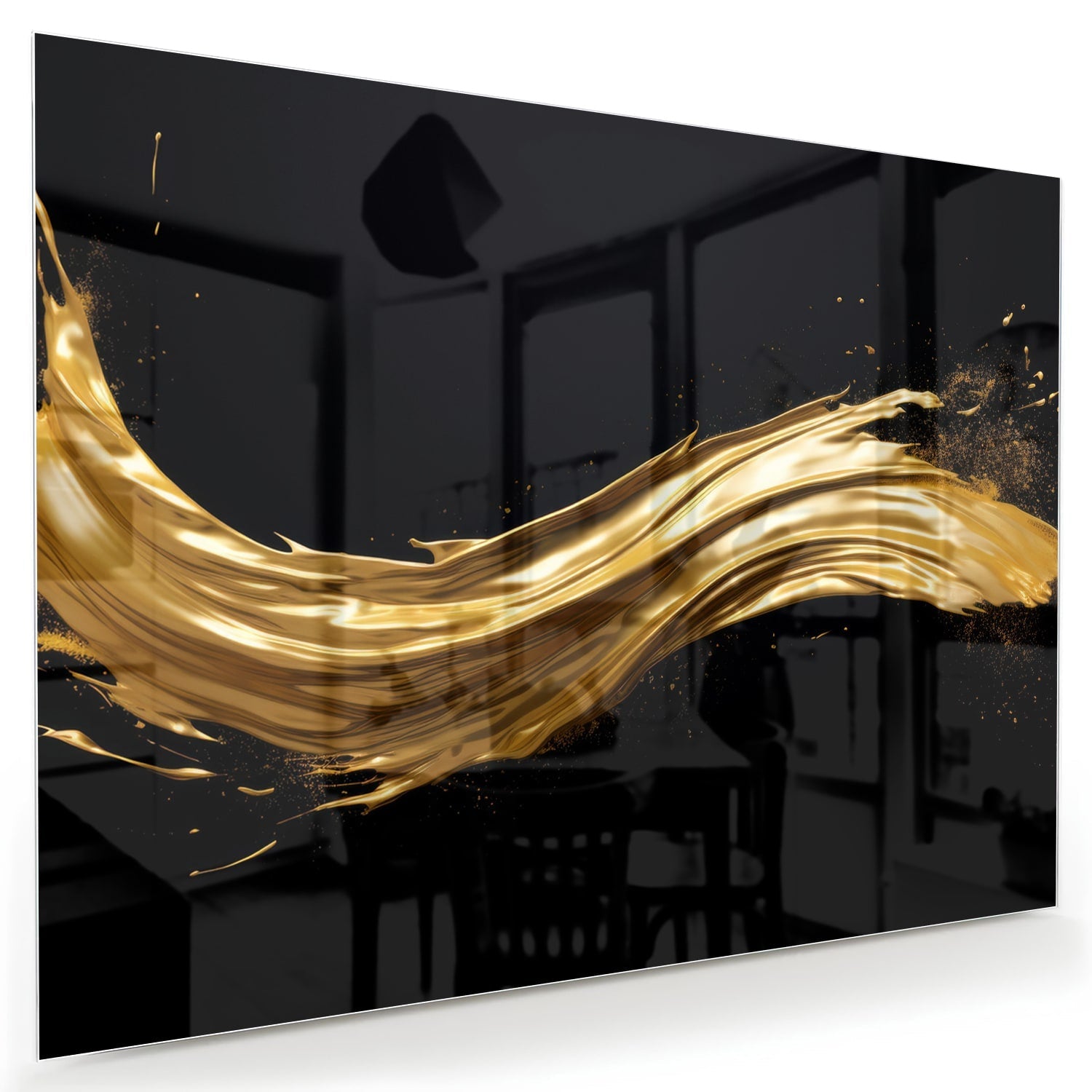 Glasbild mit goldenem Glanz auf schwarzem Hintergrund