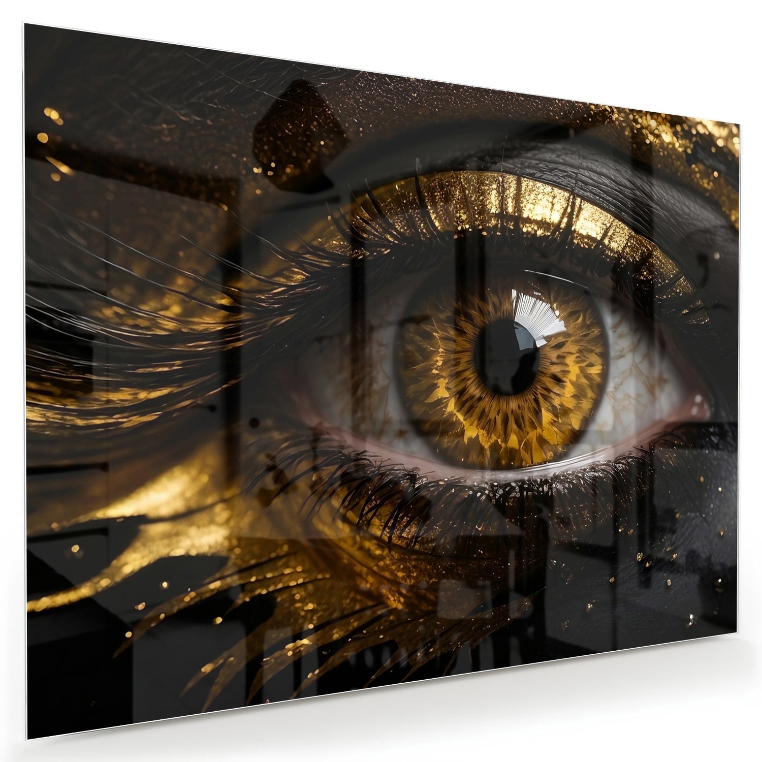 Glasbild Augen-Kunstwerk in Gold und Schwarz