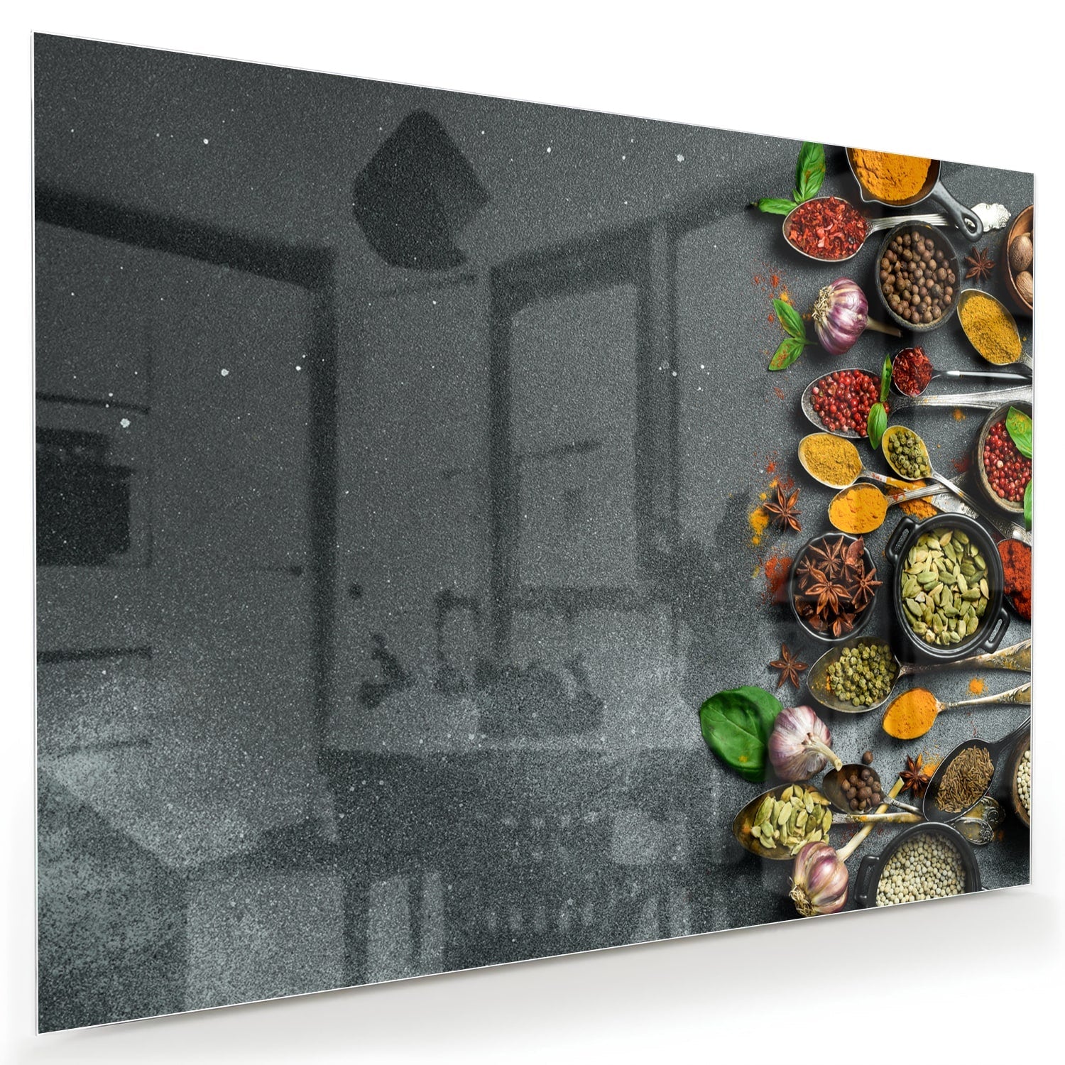 Farbenfrohes Glasbild mit Kräutern und Gewürzen