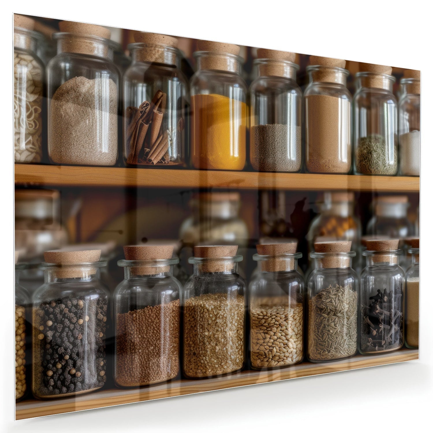 Glasbild mit Gewürzen in Einmachgläsern