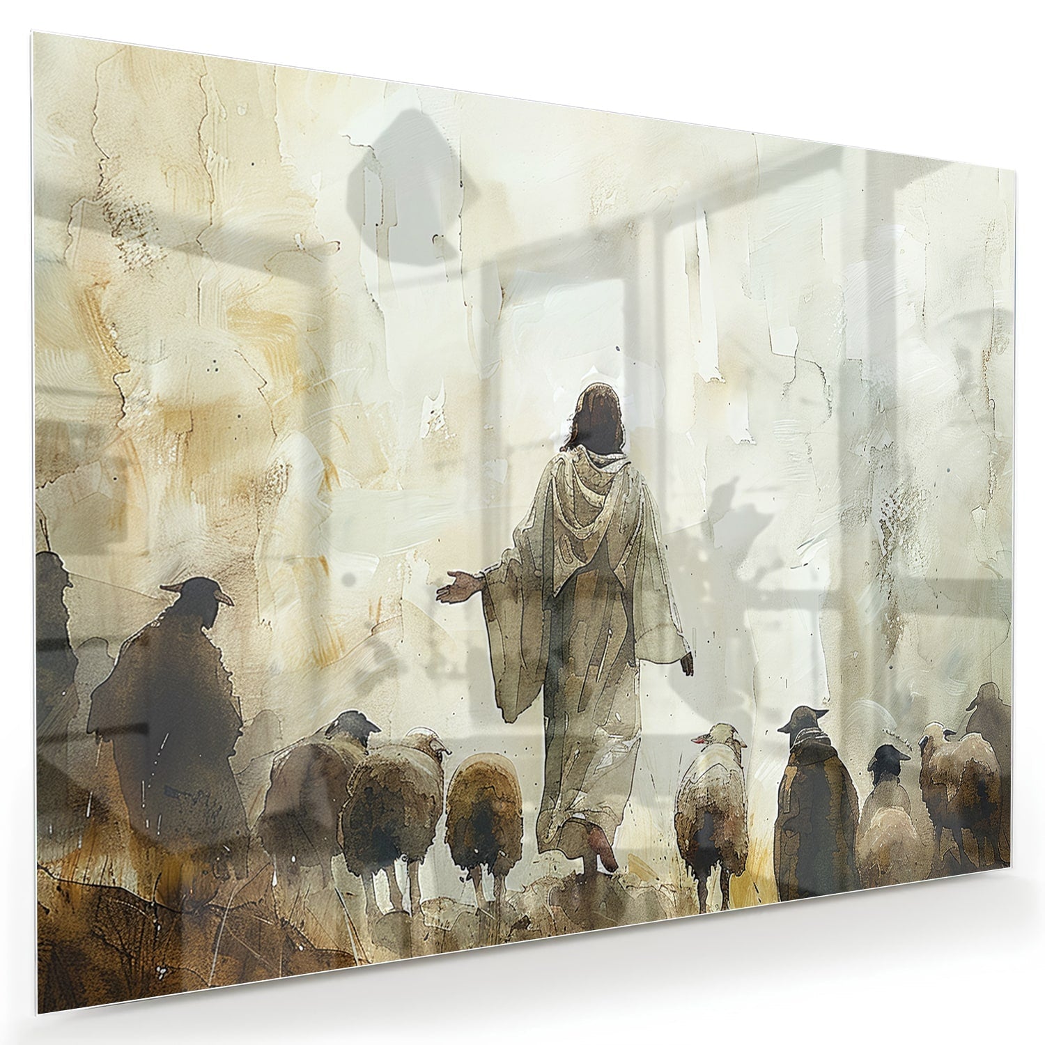 Glasbild mit spirituellem Wegweiser und Schafen