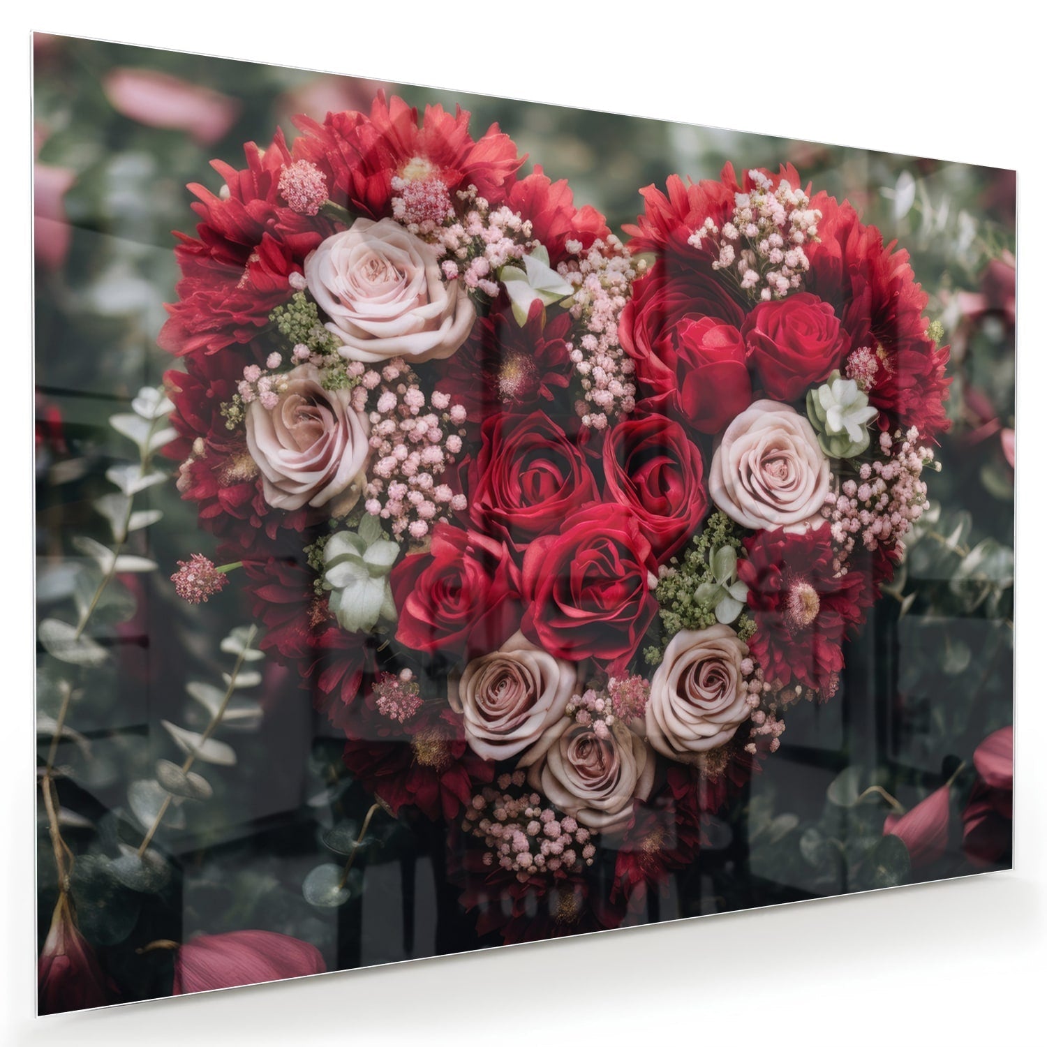 Glasbild mit herzförmigem Blumenmotiv in Rottönen