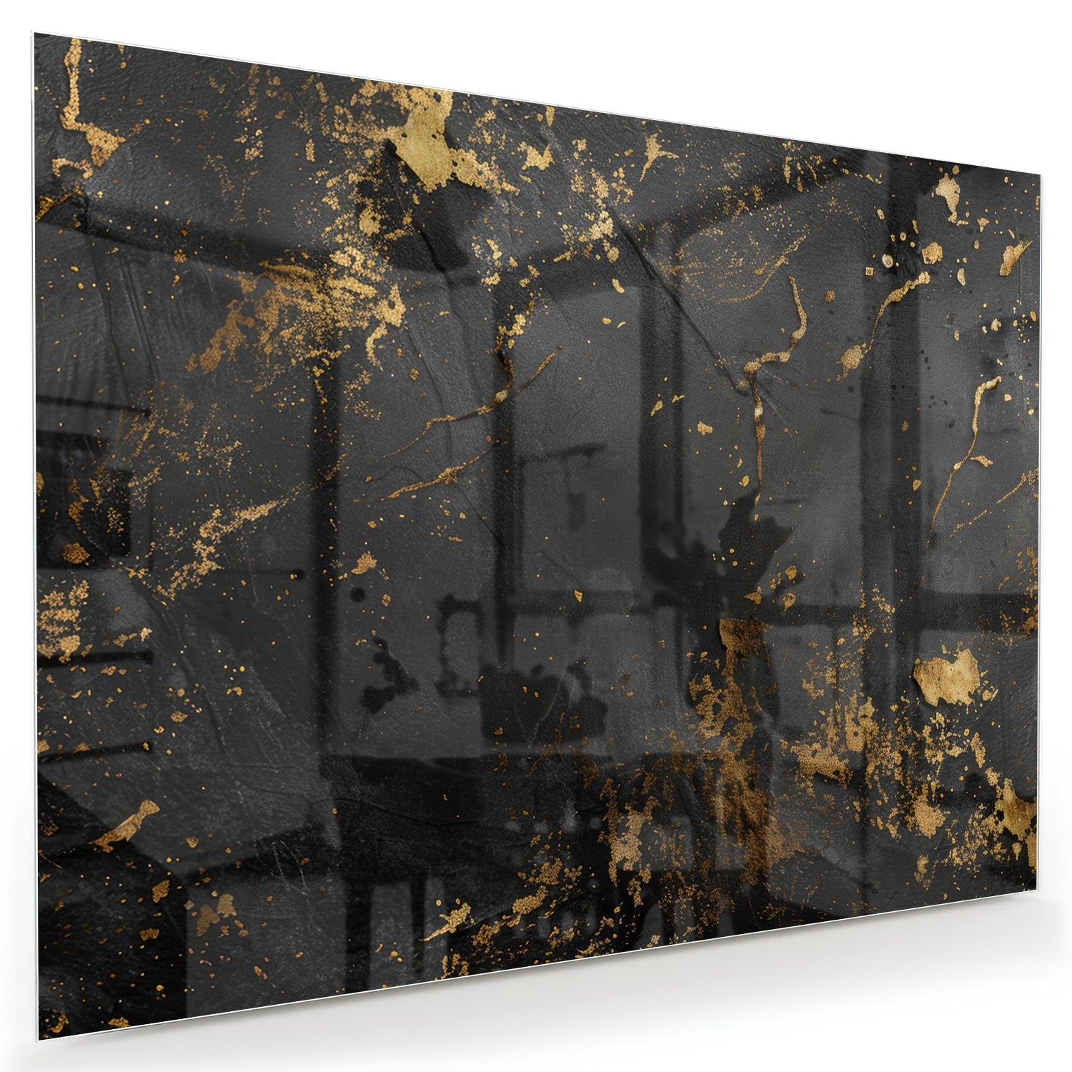 Gold-schwarzes Glasbild mit abstrakten Spritzern