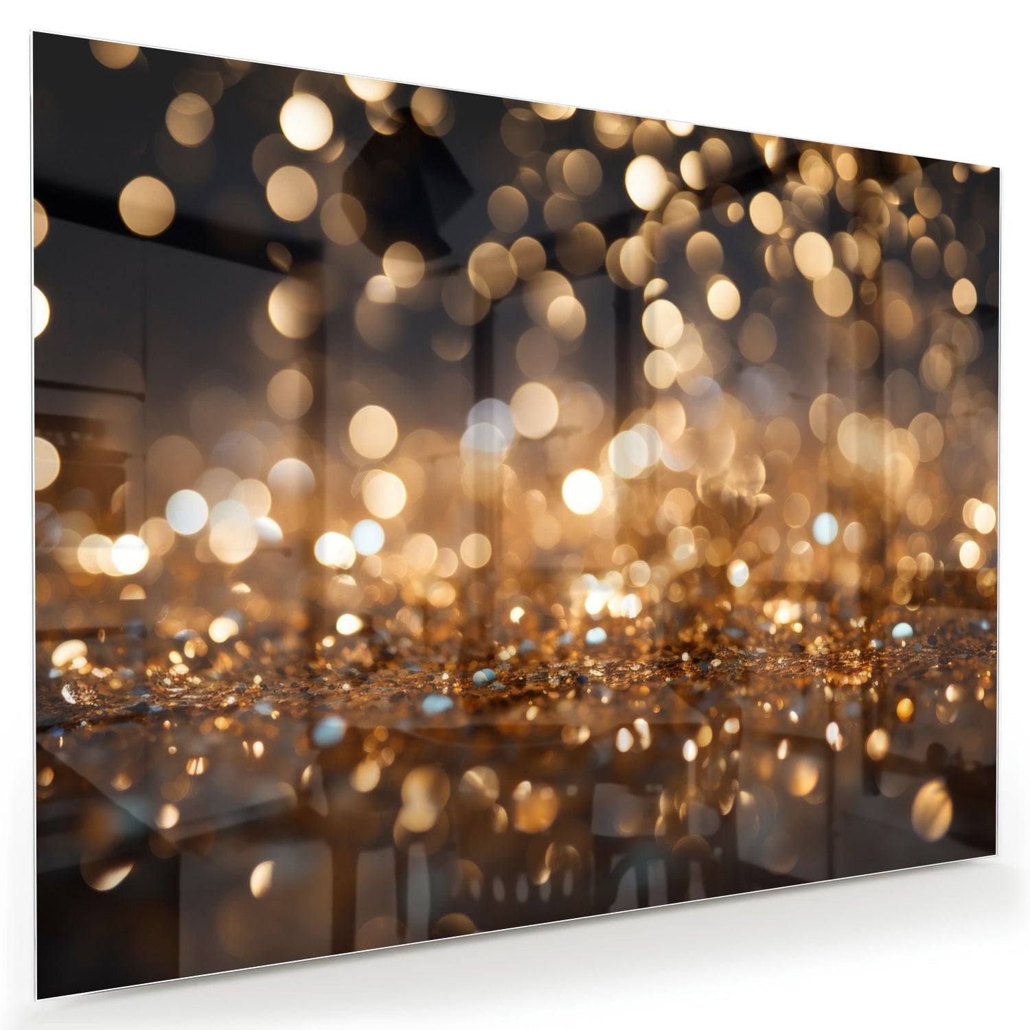 Glasbild mit goldenem Bokeh in moderner Szenerie