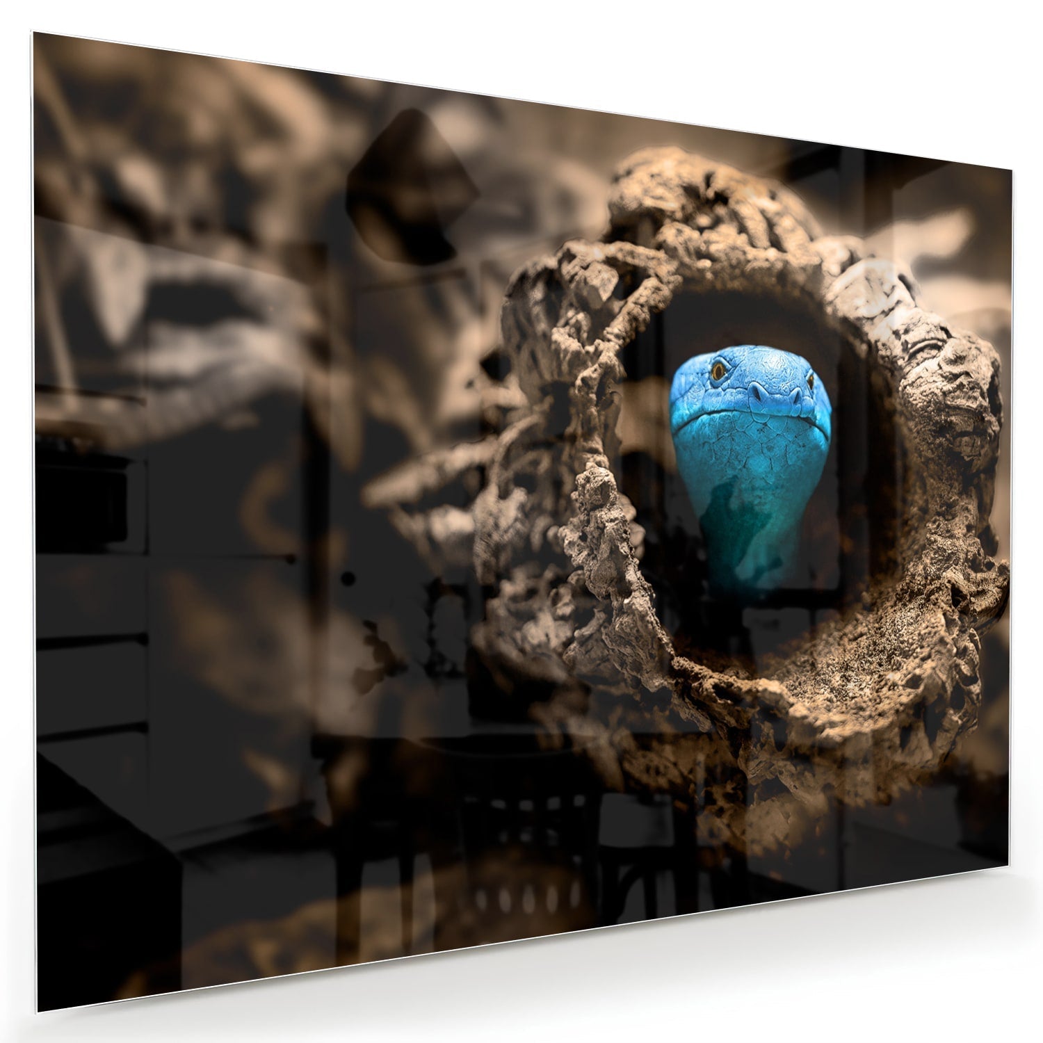 Glasbild mit einer blauen Perle in einem Nest