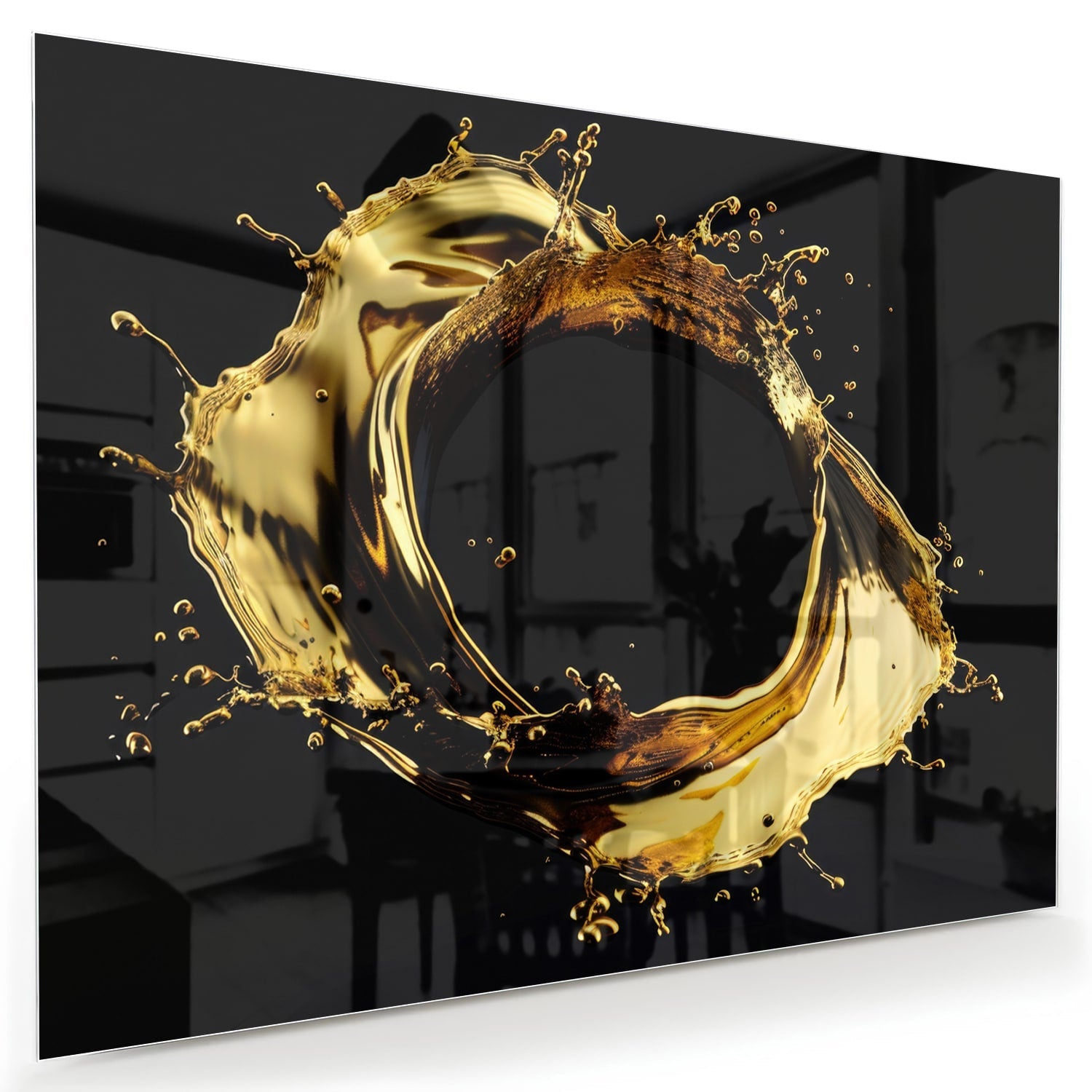 Glasbild mit Spritzern auf schwarzer Fläche