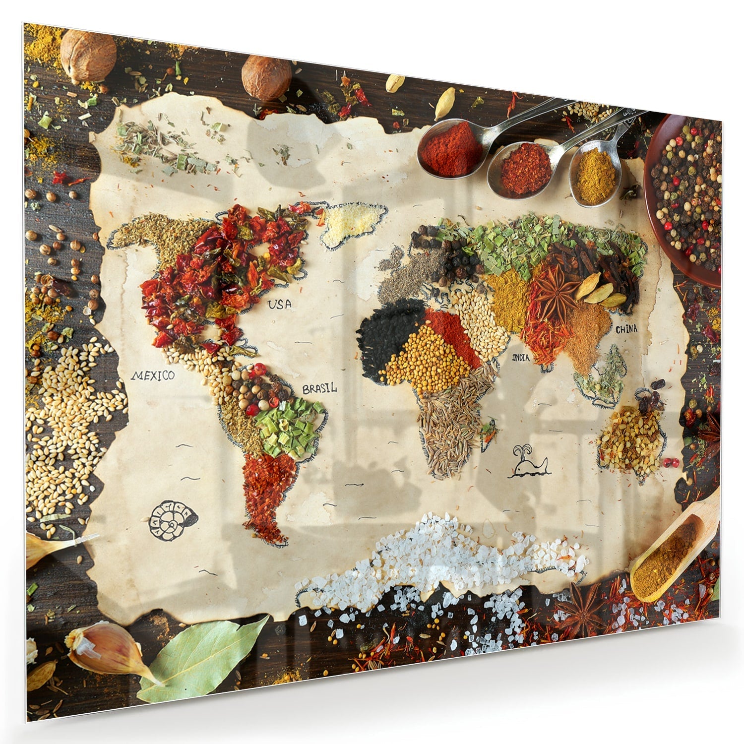 Farbenfrohes Glasbild mit Früchten und Gewürzen