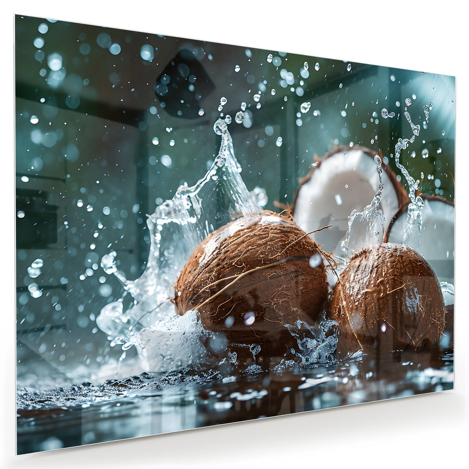 Glasbild Kokosnuss-Trio mit Wasserstrahlen