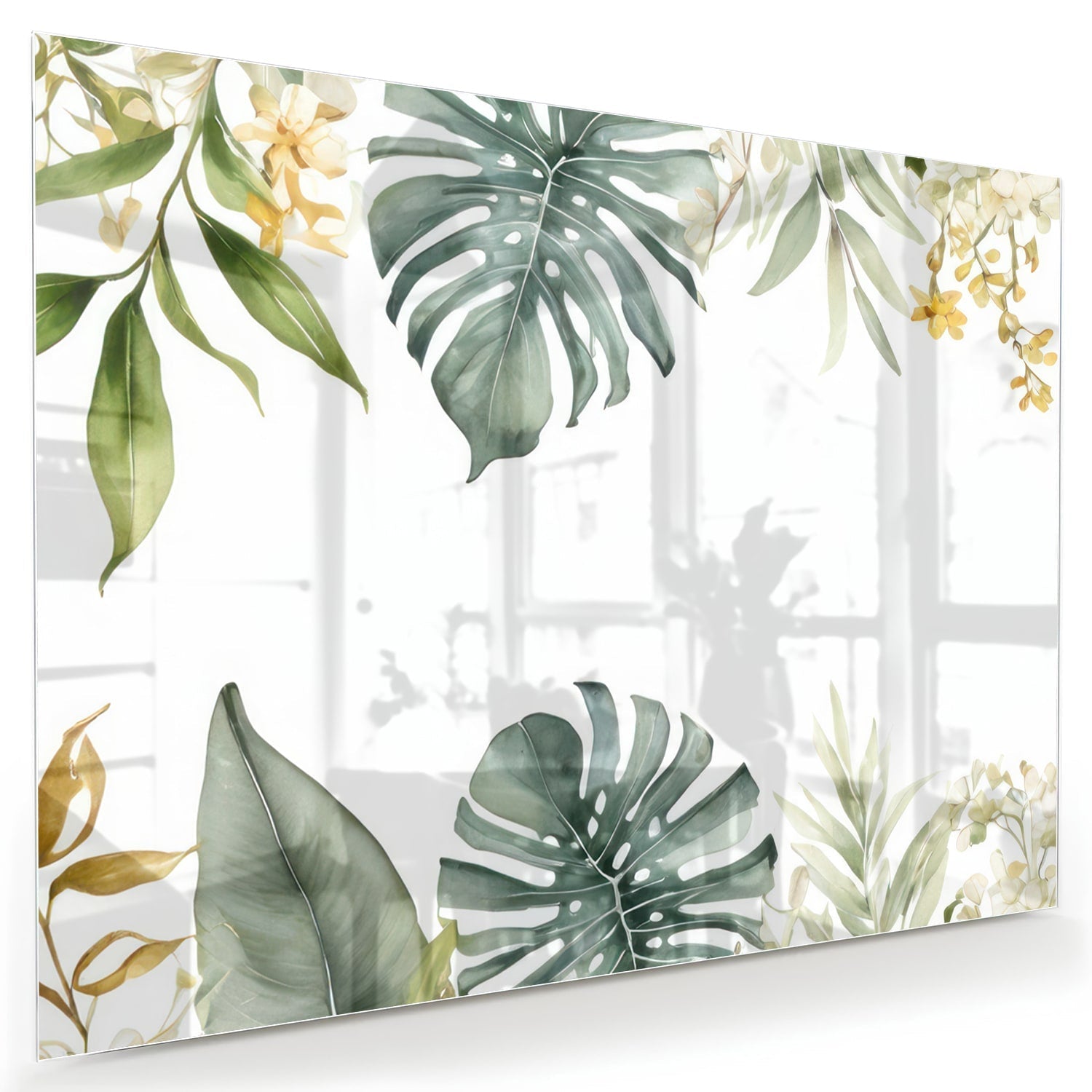 Glasbild mit tropischen Blättern und botanischer Flora