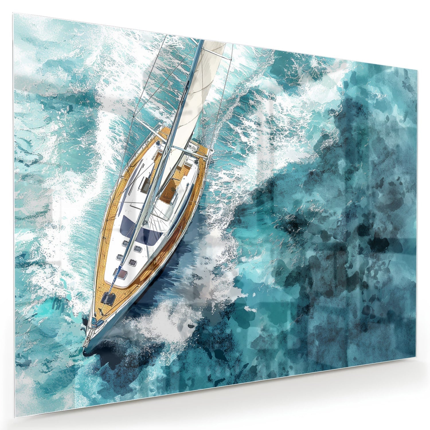 Wunderschönes Glasbild mit einer Yacht auf dem See