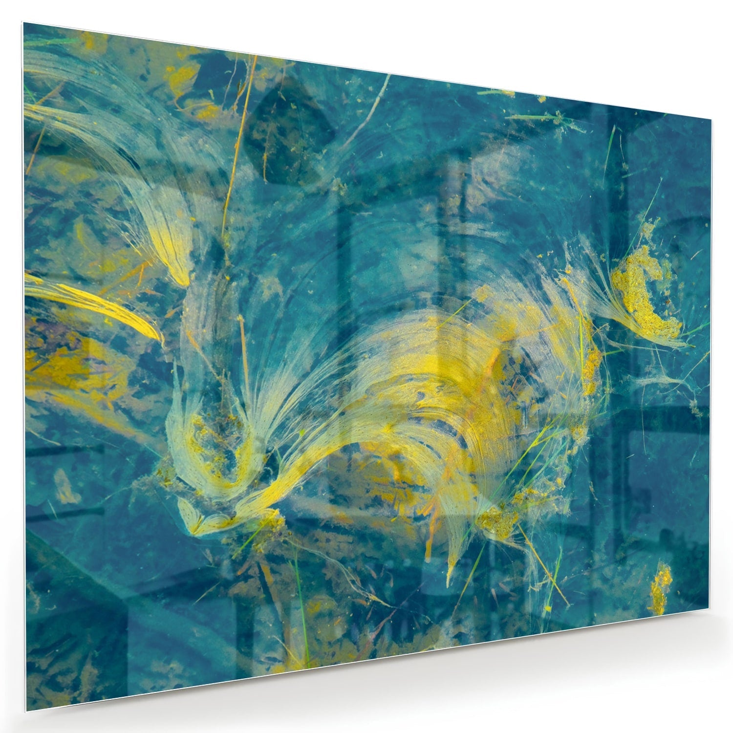 Farbenfrohes Glasbild mit abstraktem blau-gelbem Muster