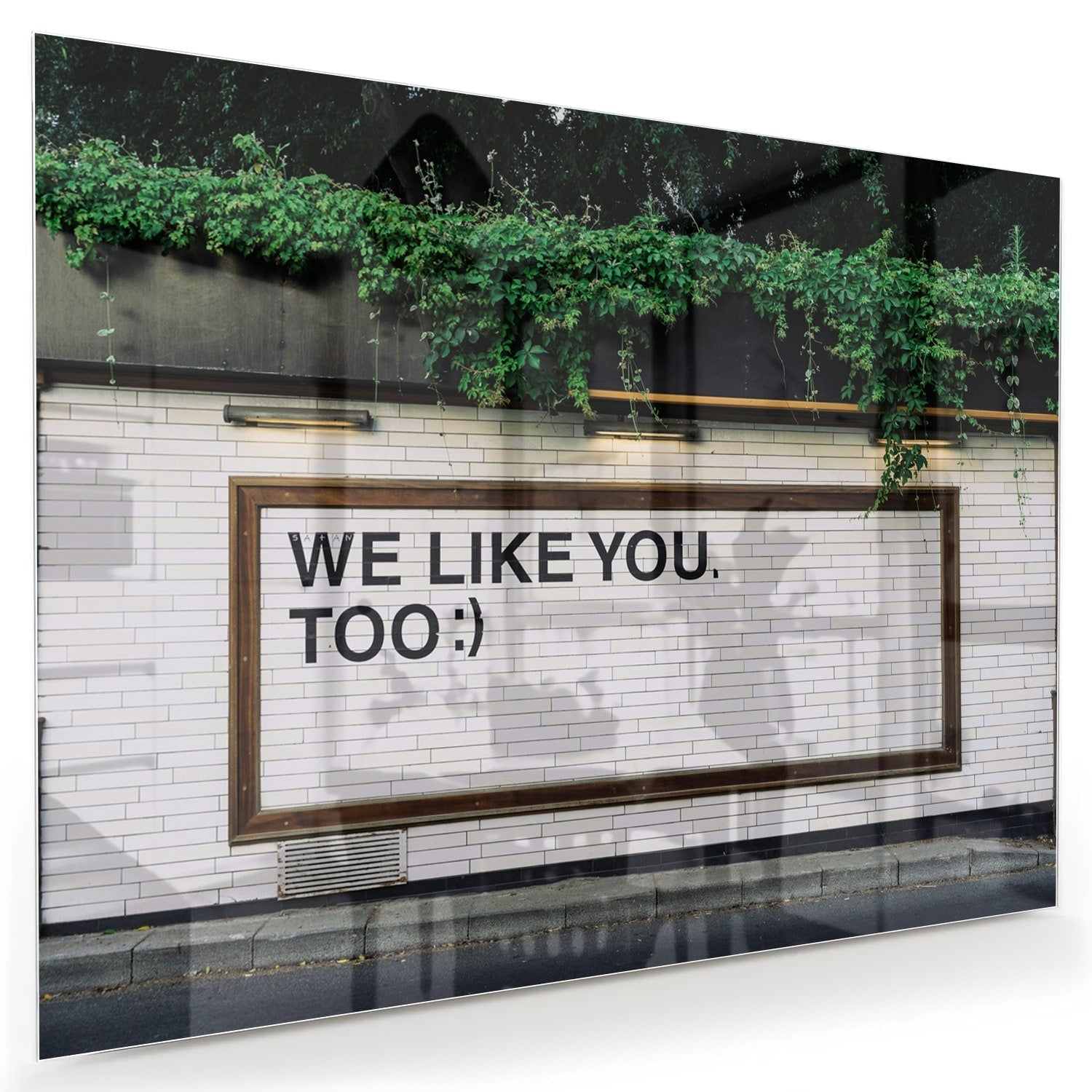 Glas schilderij met de tekst 'We Like You Too' en groene planten achtergronden.