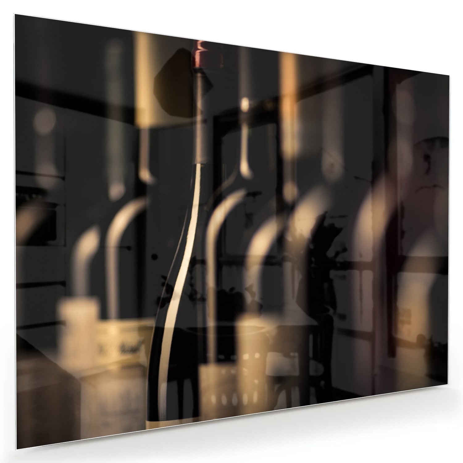 Elegantes Glasbild mit Weinflaschen