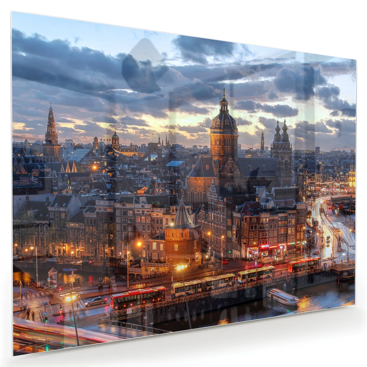 Stimmungsvolles Glasbild mit urbaner Landschaft