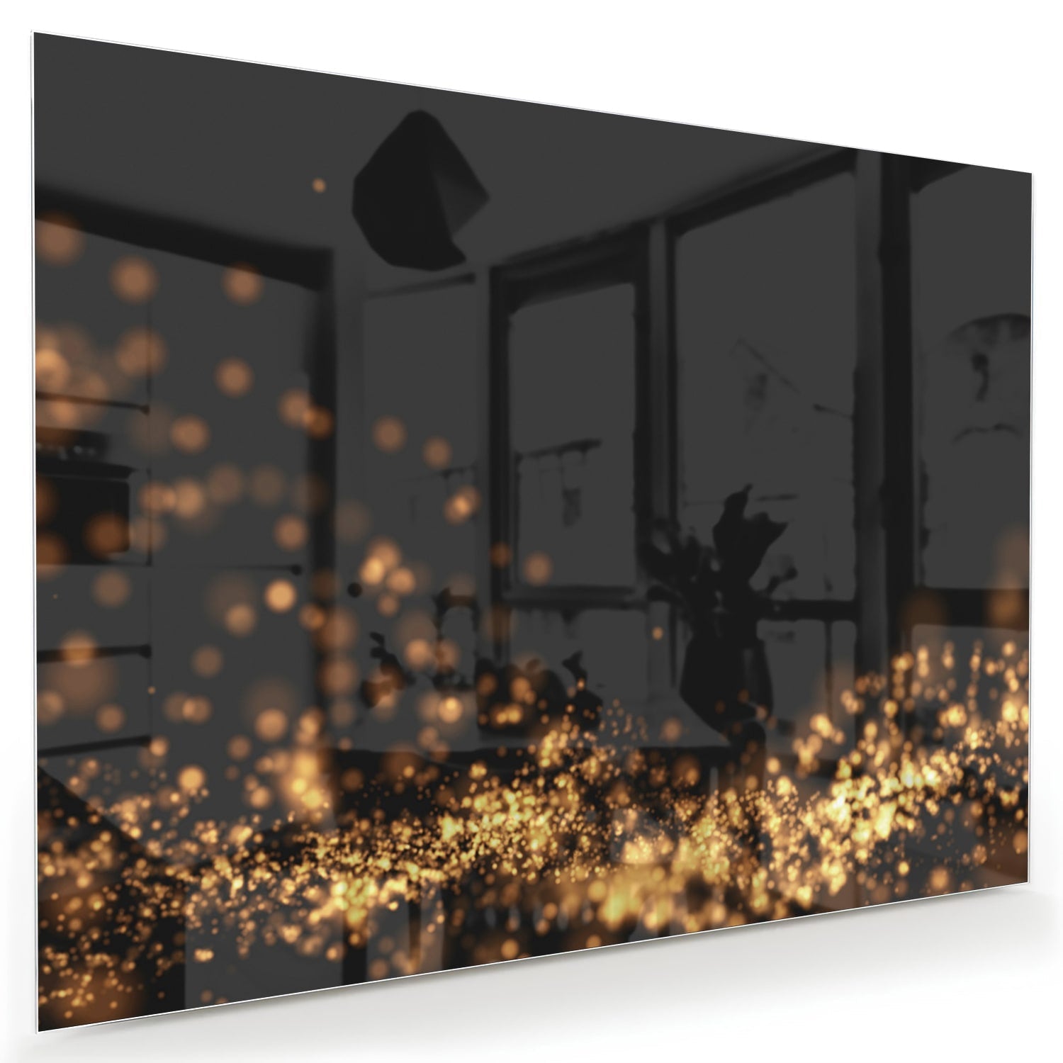 Glasbild mit goldenen Lichtpunkten auf schwarzem Hintergrund