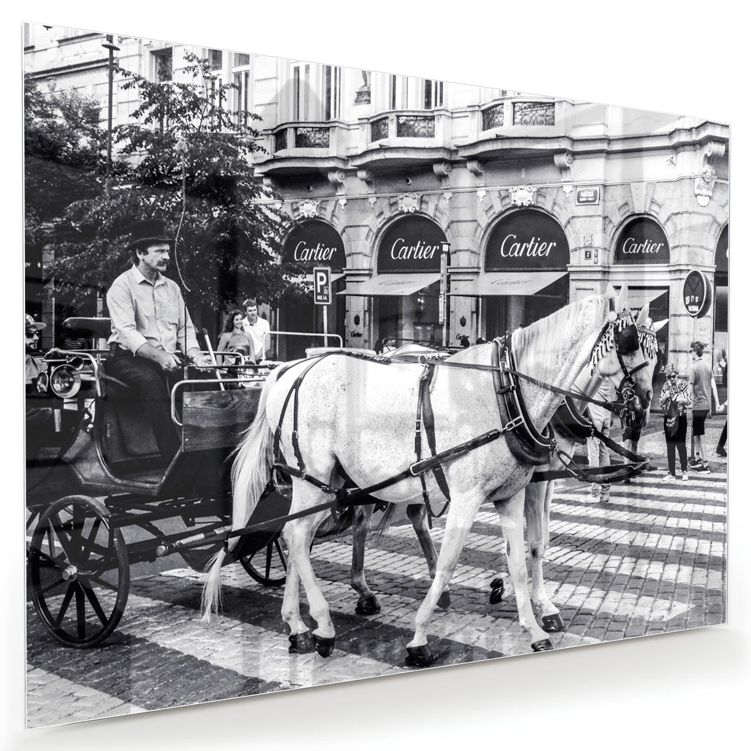 Historisches Glasbild mit Pferd und Kutsche