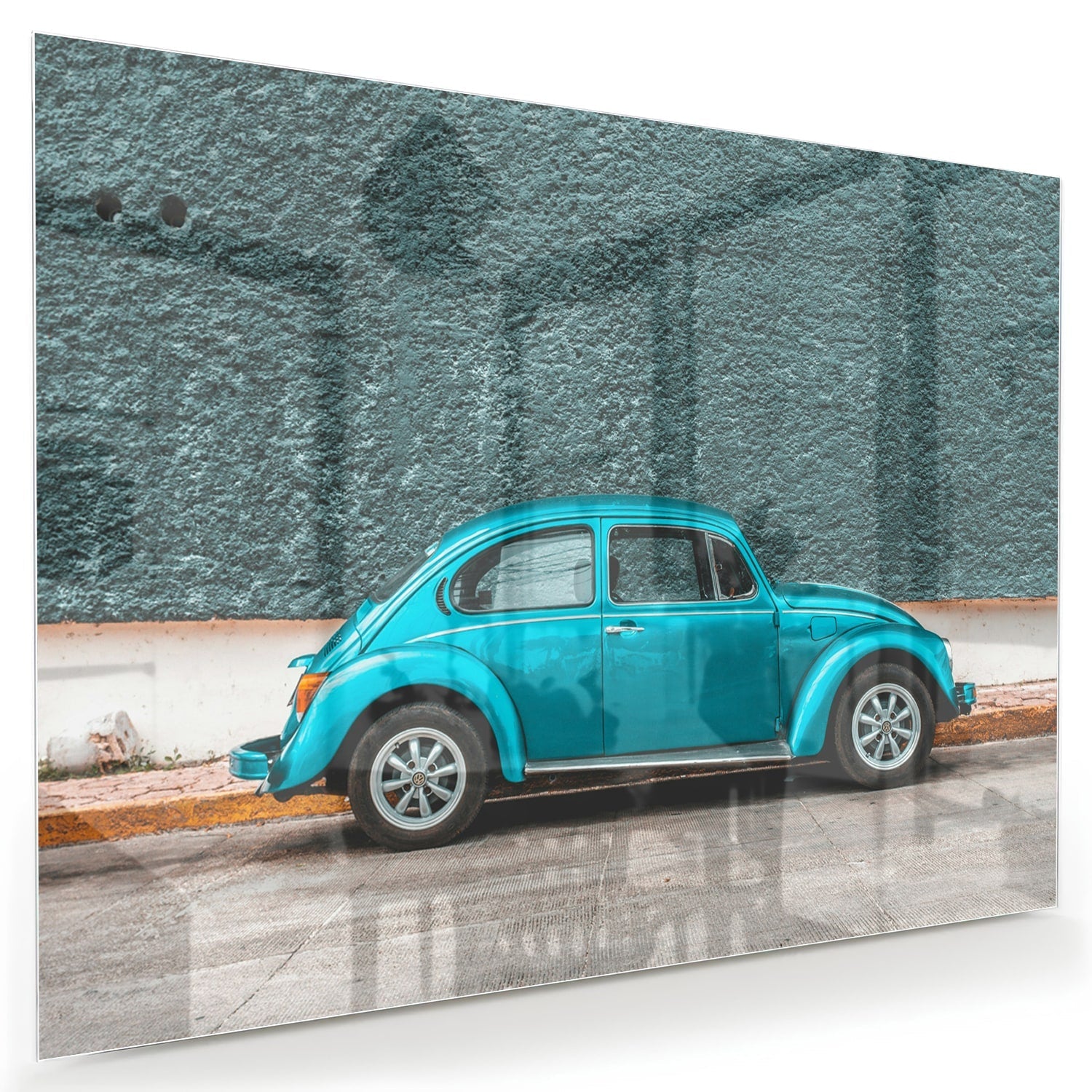Stilvolles Glasbild mit einem türkisen Auto