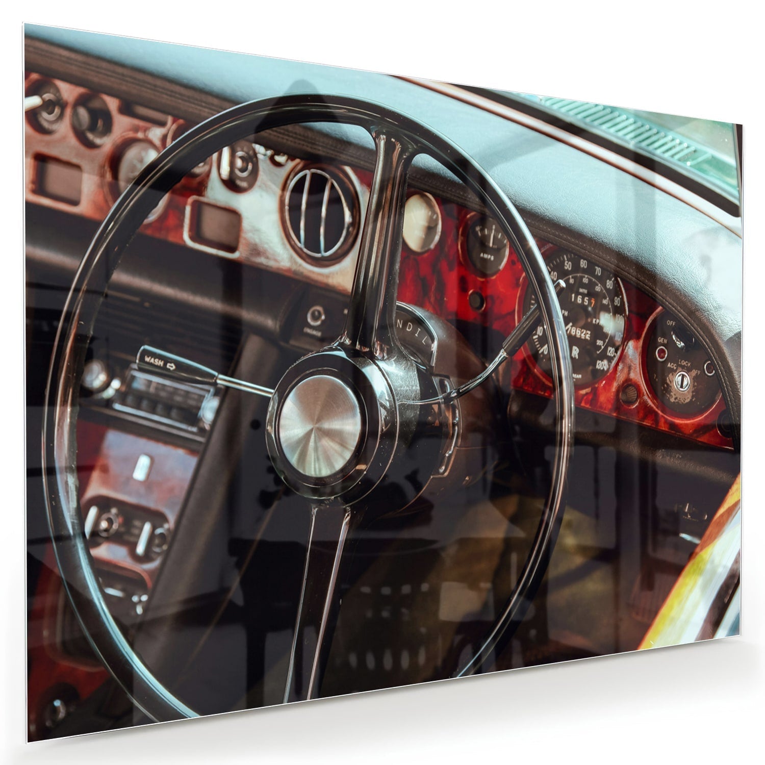 Retro-Auto-Glasbild mit Armaturenbrett für Liebhaber