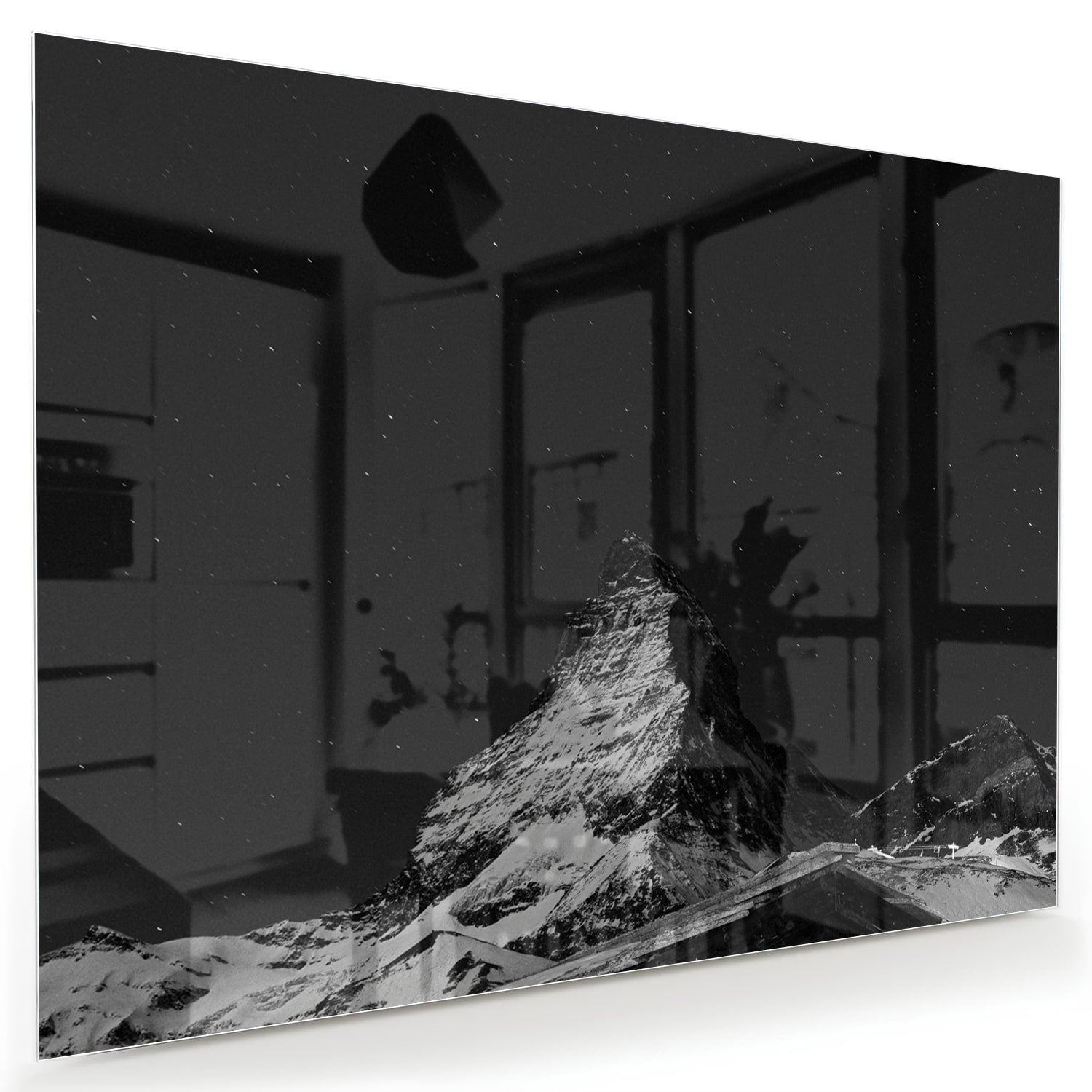 Schwarz-Weiß Glasbild mit Berglandschaft