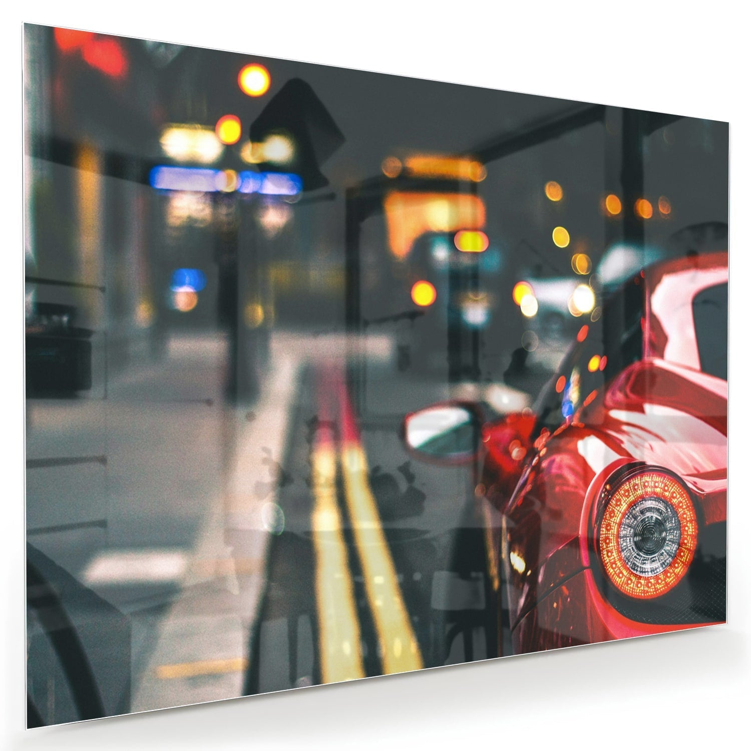 Stilvolles Glasbild mit einem roten Auto in der Stadt