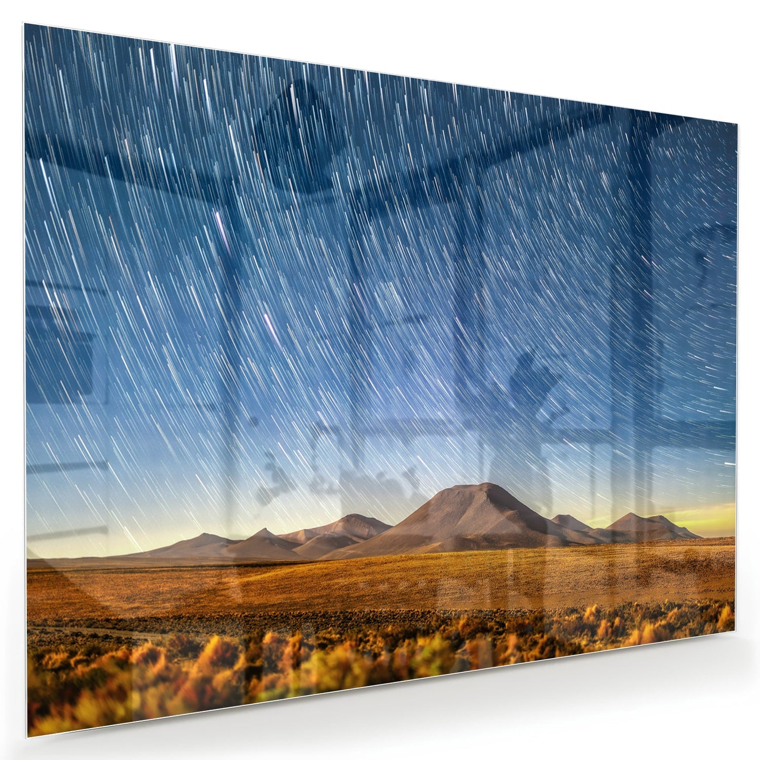 Glasbild mit Sternenhimmel über den Bergen