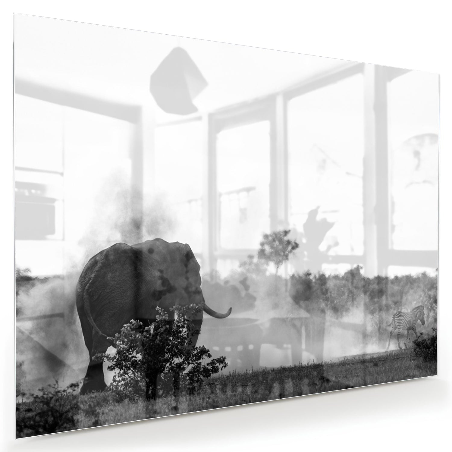 Elegantes Schwarz-Weiß-Glasbild mit einem Elefanten