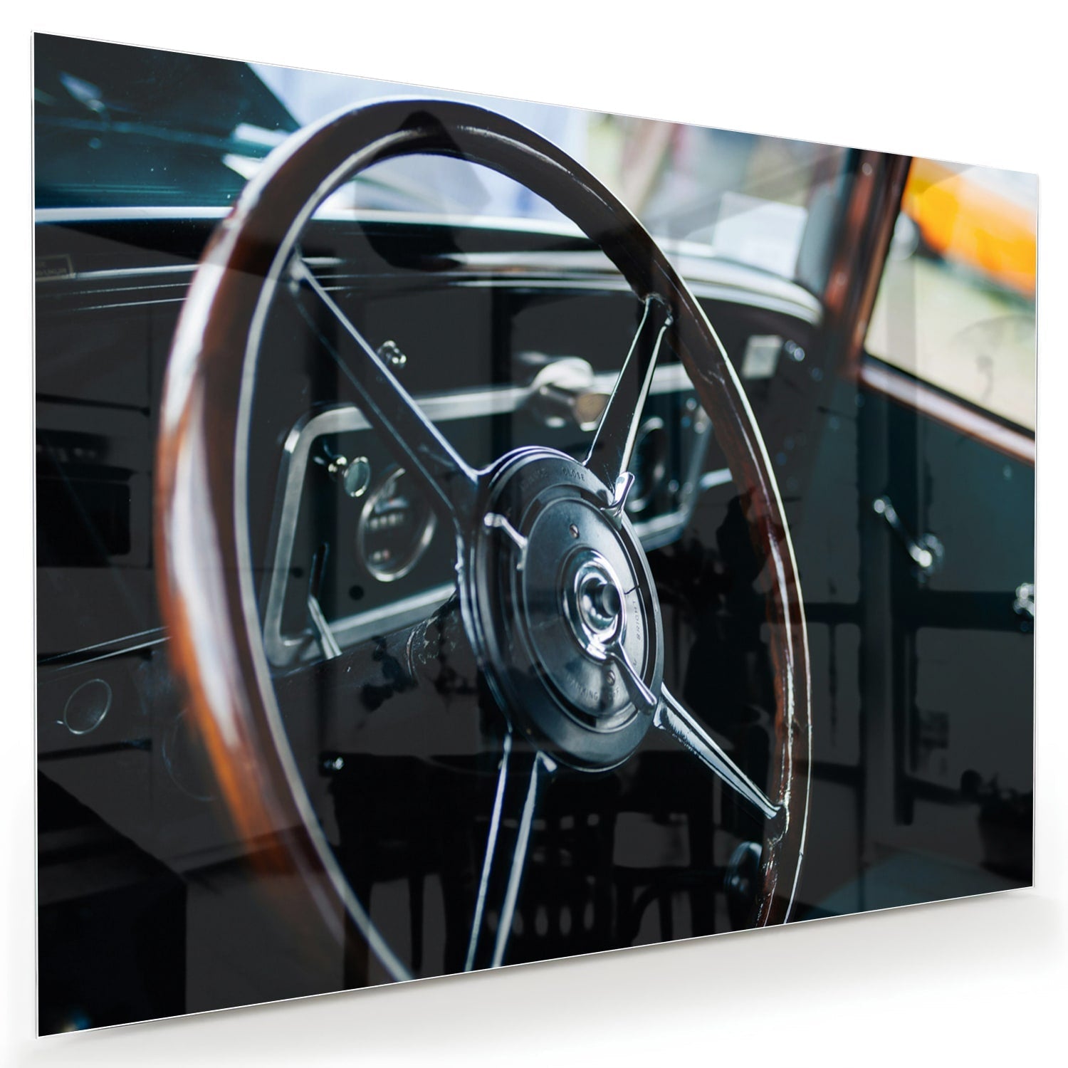Glasbild Vintage-Glasbild mit klassischem Lenkrad