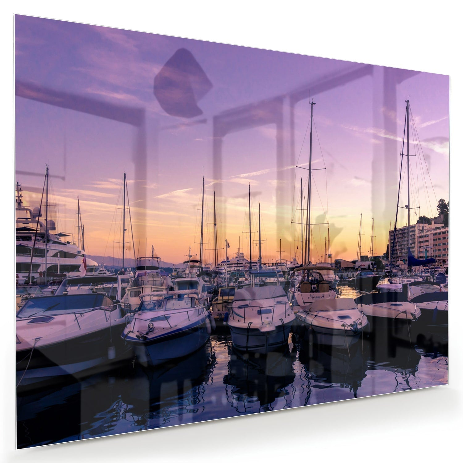 Glasbild mit Sonnenuntergang am Hafen