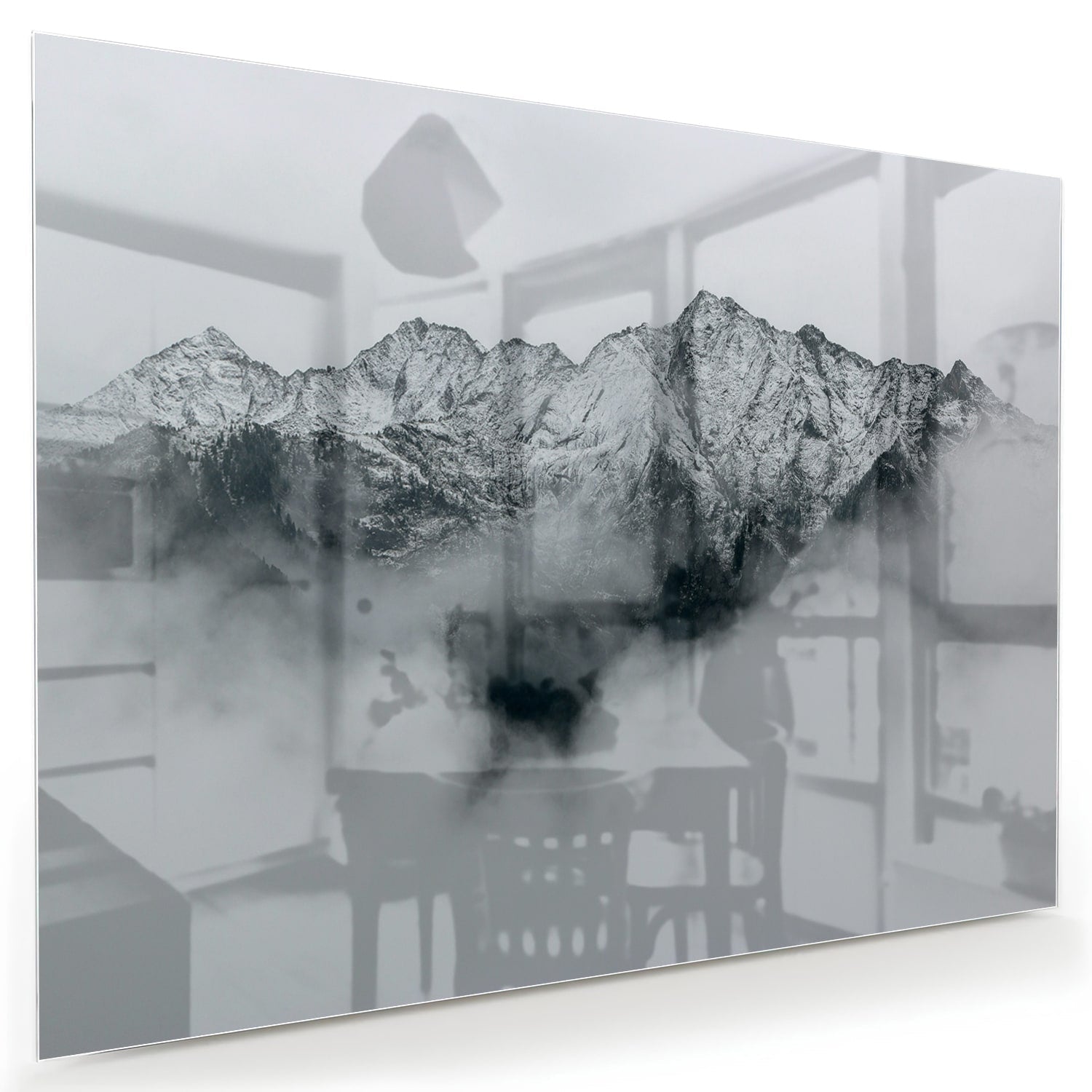 Elegantes Glasbild mit Bergen in Schwarz-Weiß