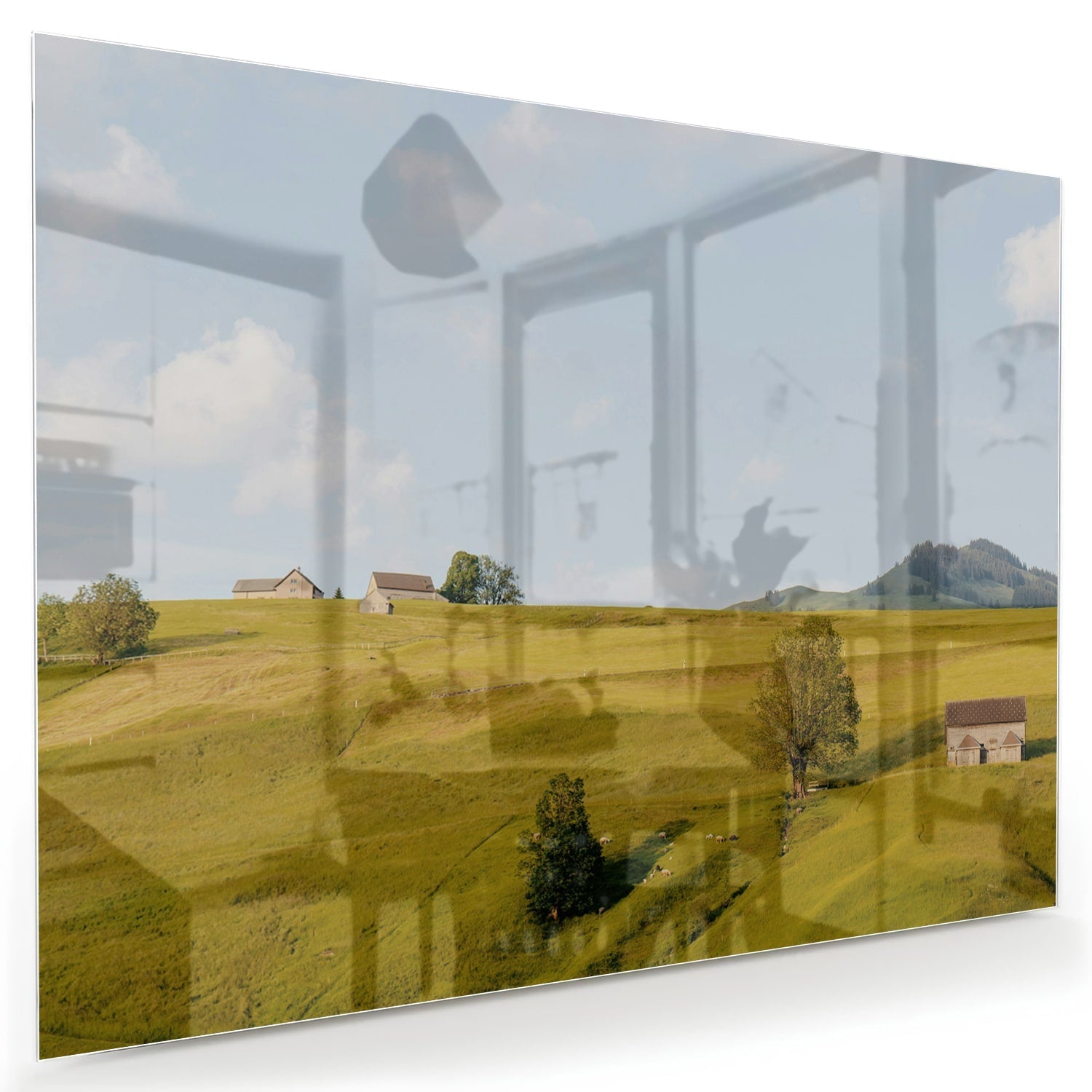 Glasbild mit grünen Hügeln in der Landschaft