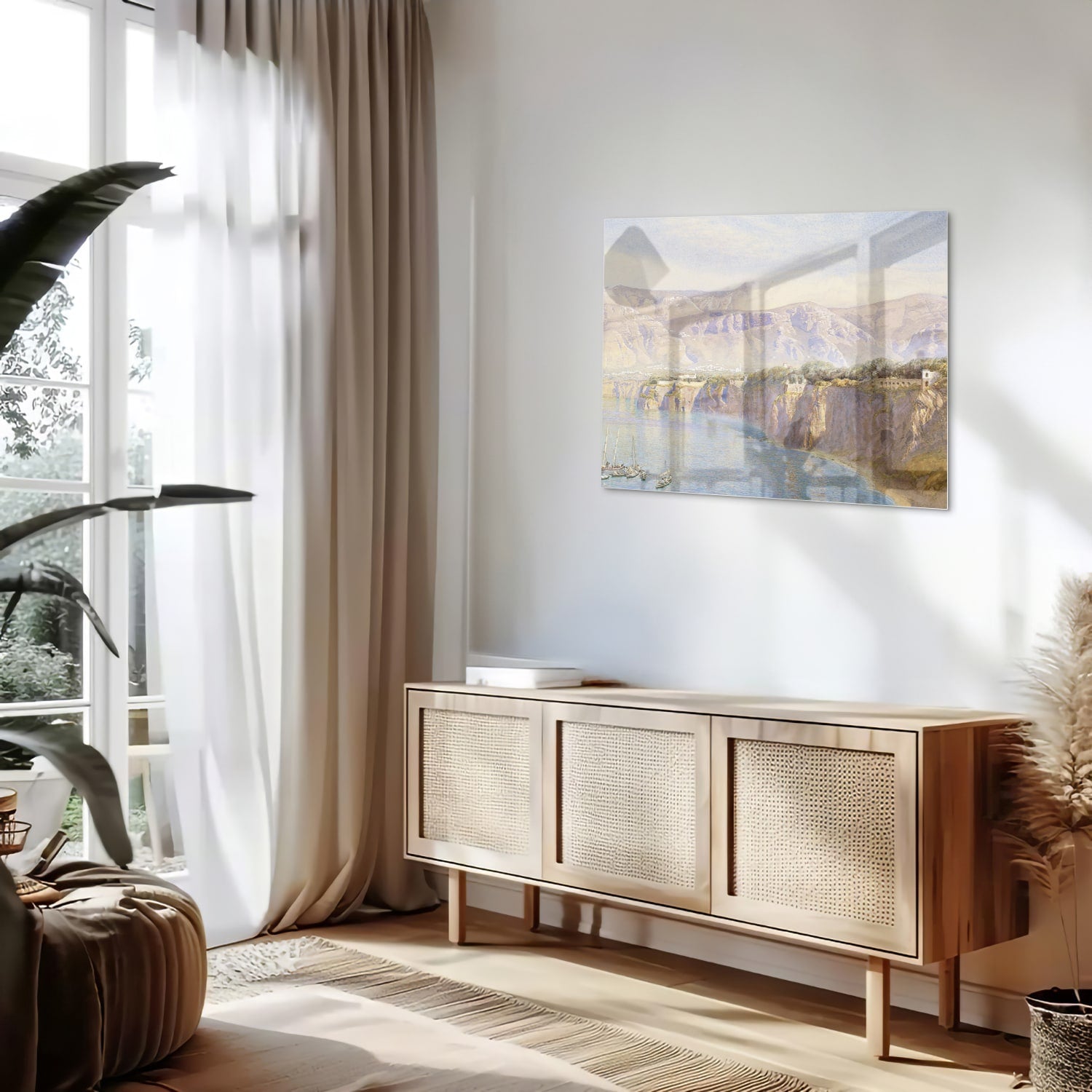 Träumerisches Glasbild mit Berglandschaft