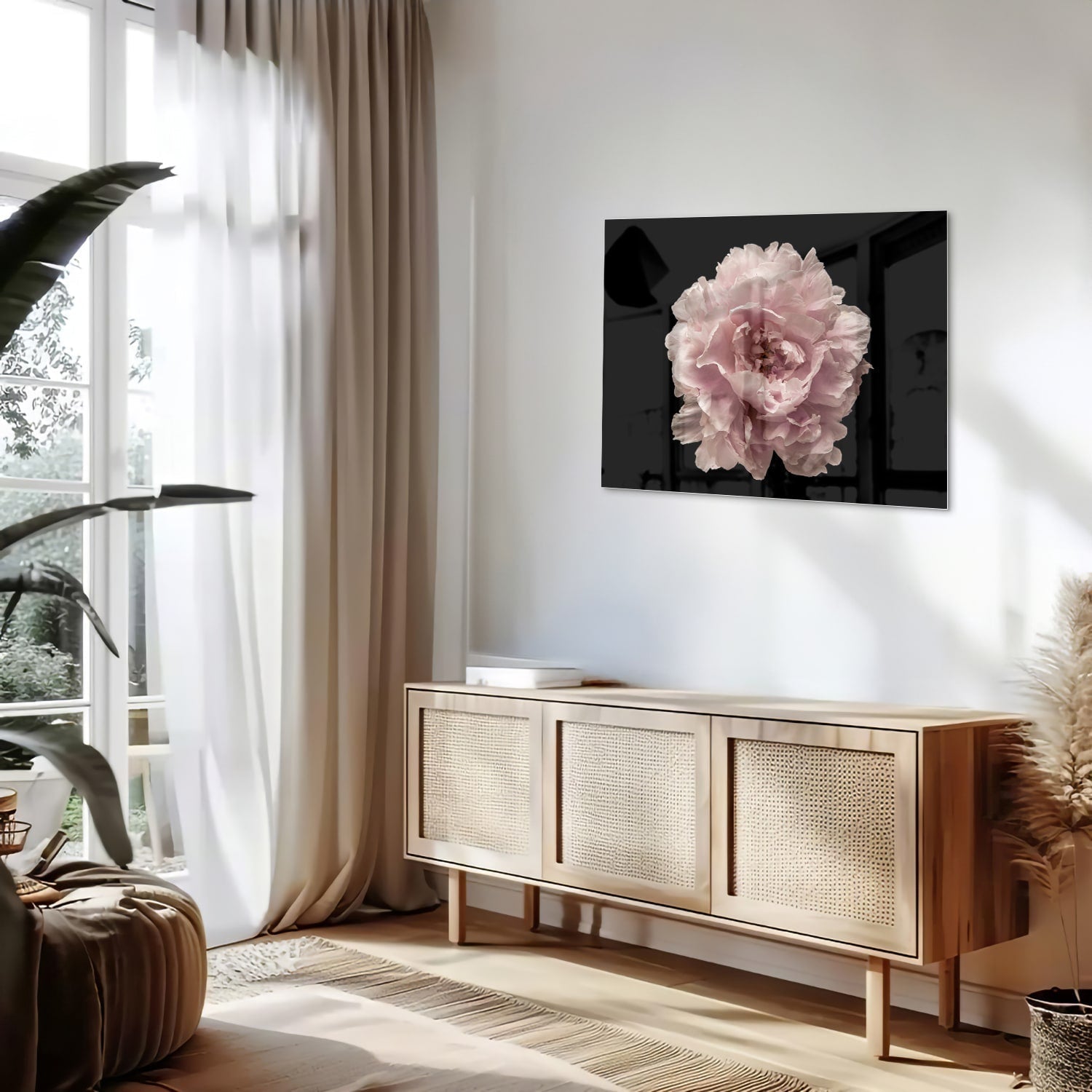 Elegantes Glasbild mit Rosenblüte auf schwarzem Hintergrund – perfekt für Ihr Interieur