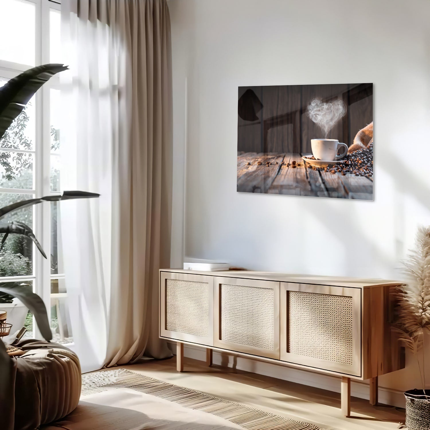Stilvolles Glasbild mit Kaffee und Kaffeebohnen