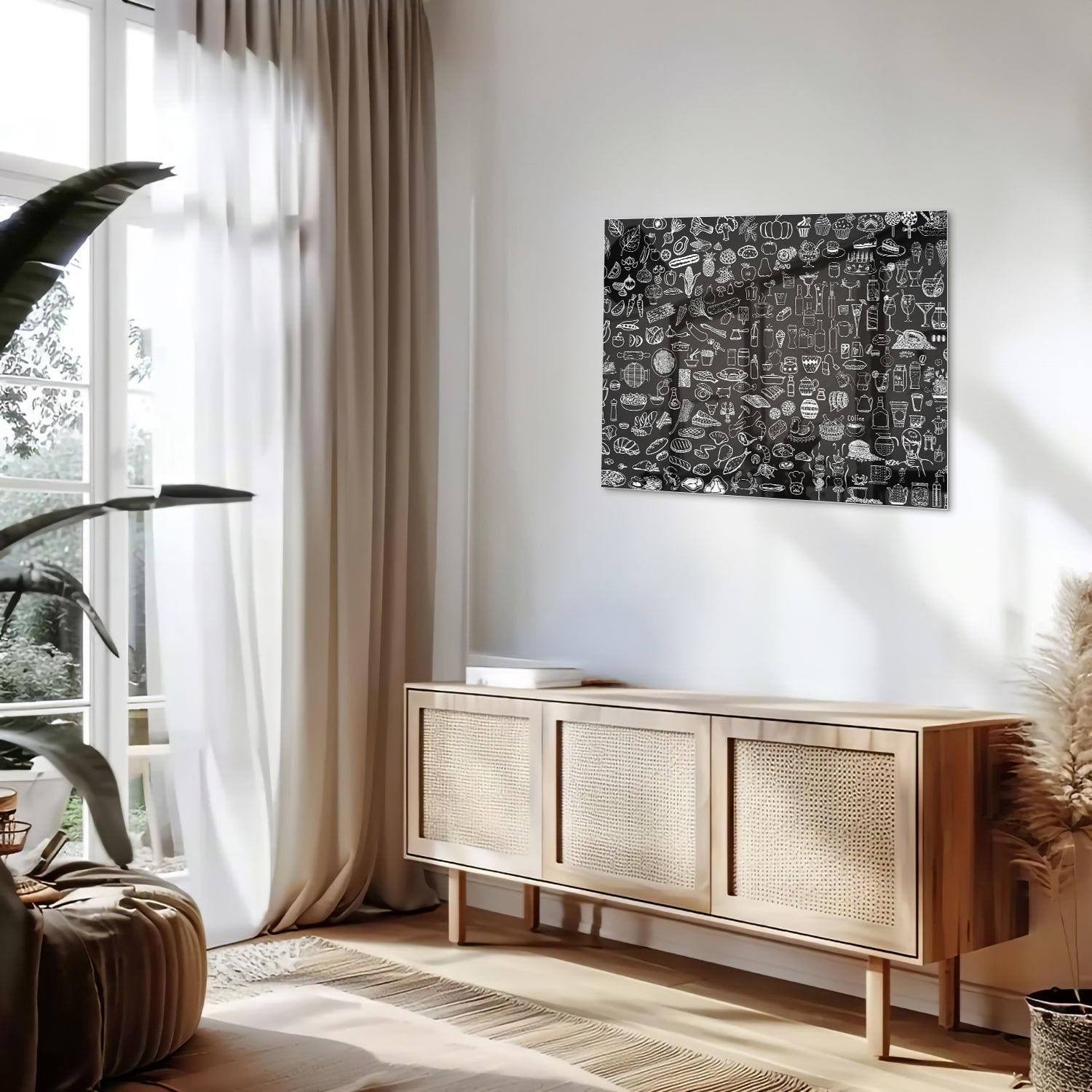Abstraktes Schwarz-Weiß-Glasbild mit fröhlichen Illustrationen