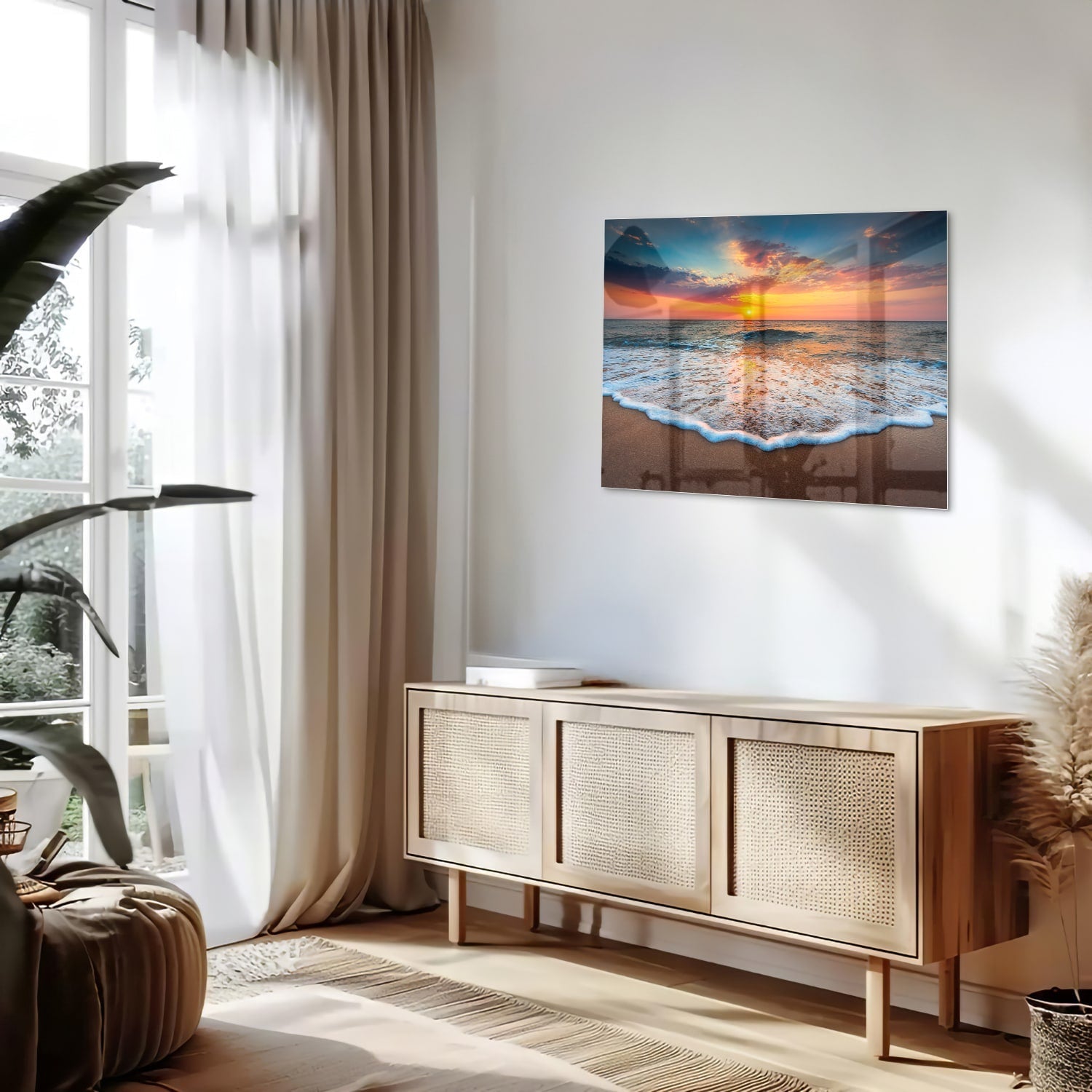 Glasbild – Sonnenuntergang am Strand