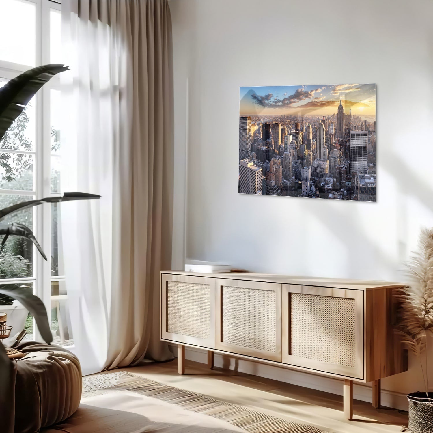Glasbild mit atemberaubender Aussicht auf New York bei Sonnenuntergang