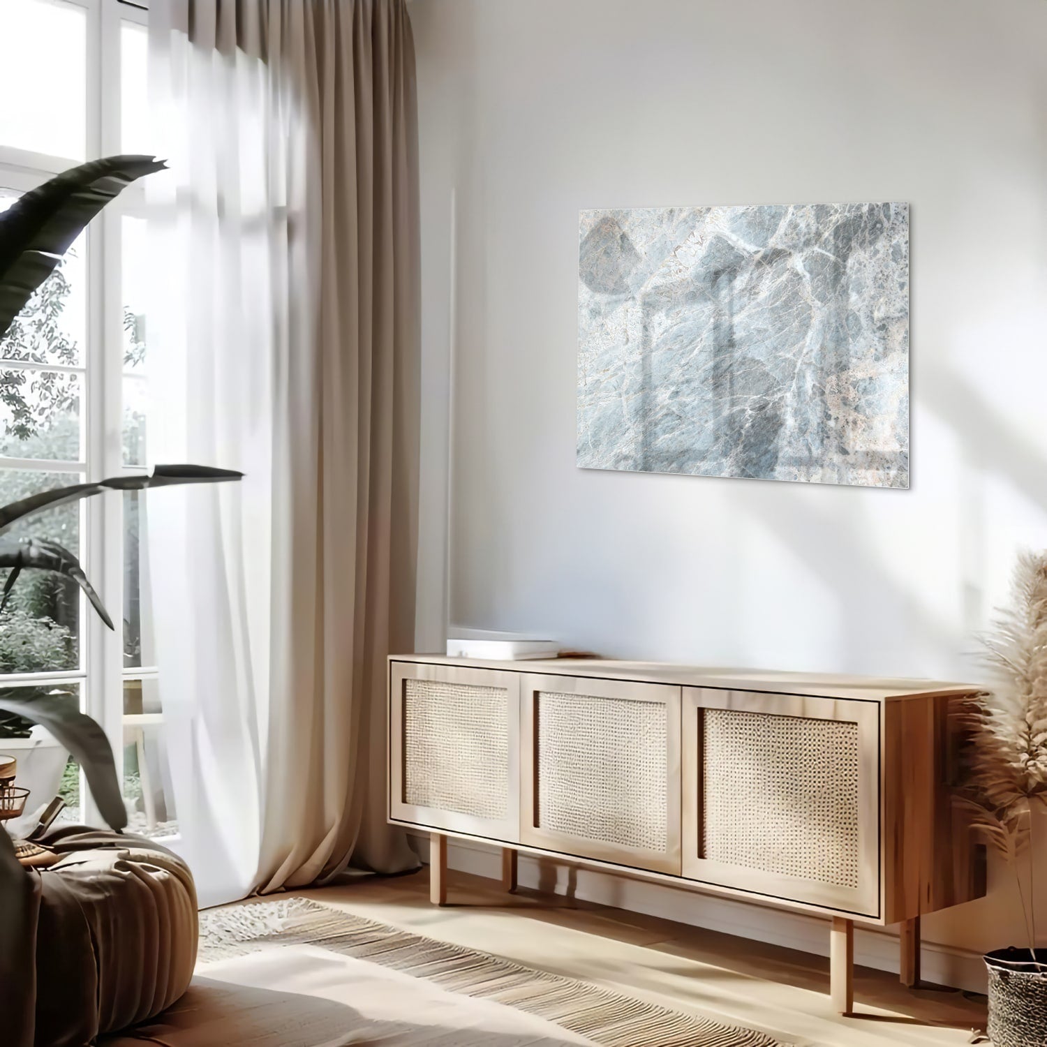 Glasbild mit Marmoroptik in Blau und Grau
