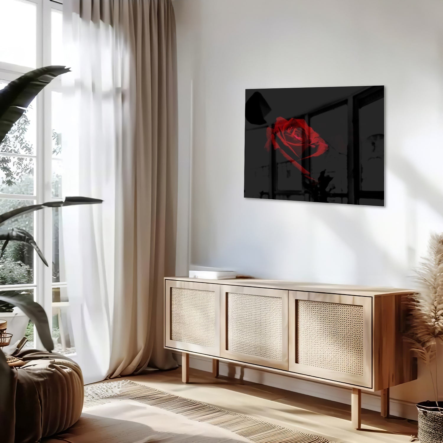 Elegantes Glasbild mit roter Rose auf schwarzem Hintergrund
