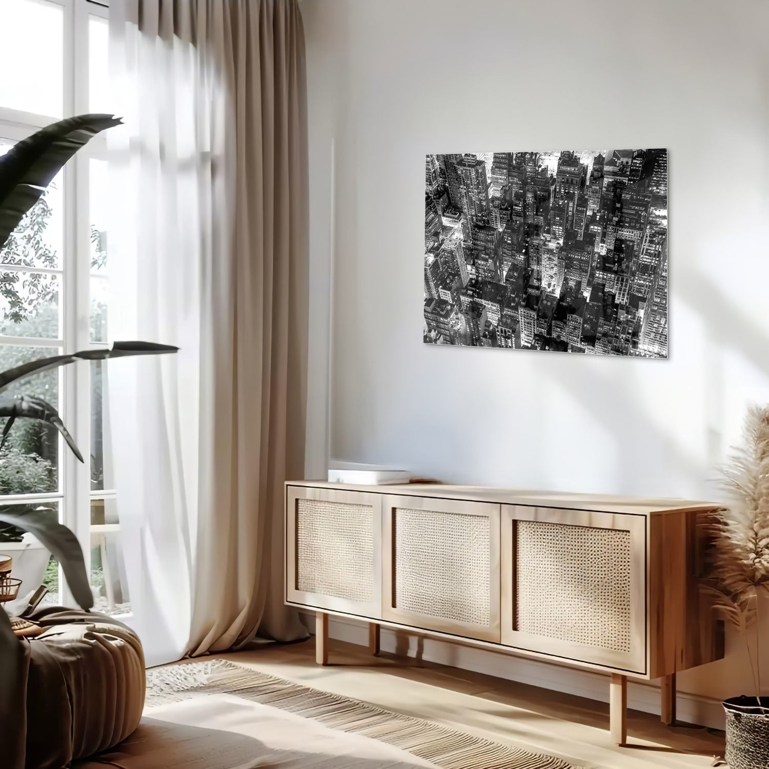 Schwarz-Weiß-Glasbild mit Stadtmotiv für ein modernes Interieur