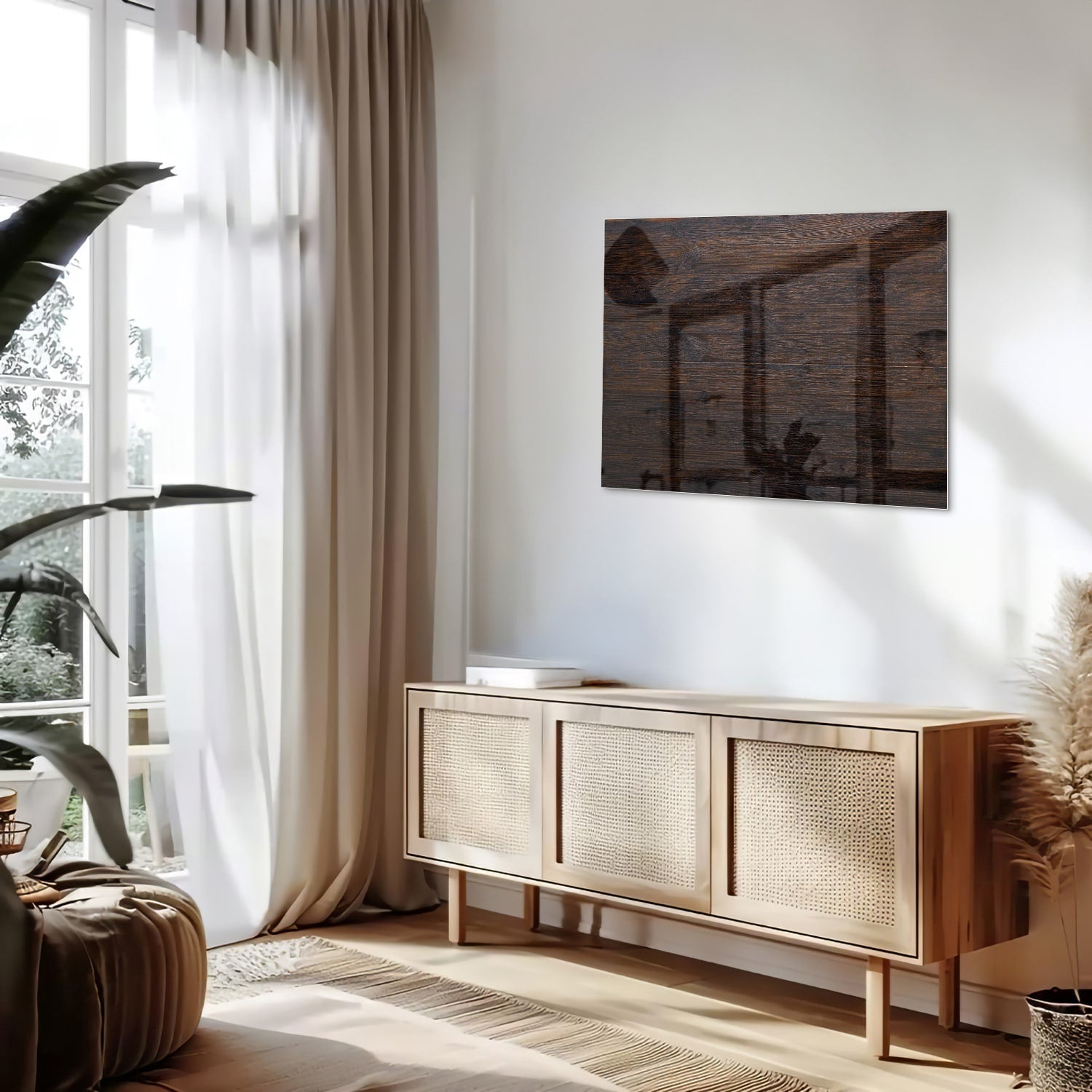 Modernes Glasbild mit warmen Holztönen