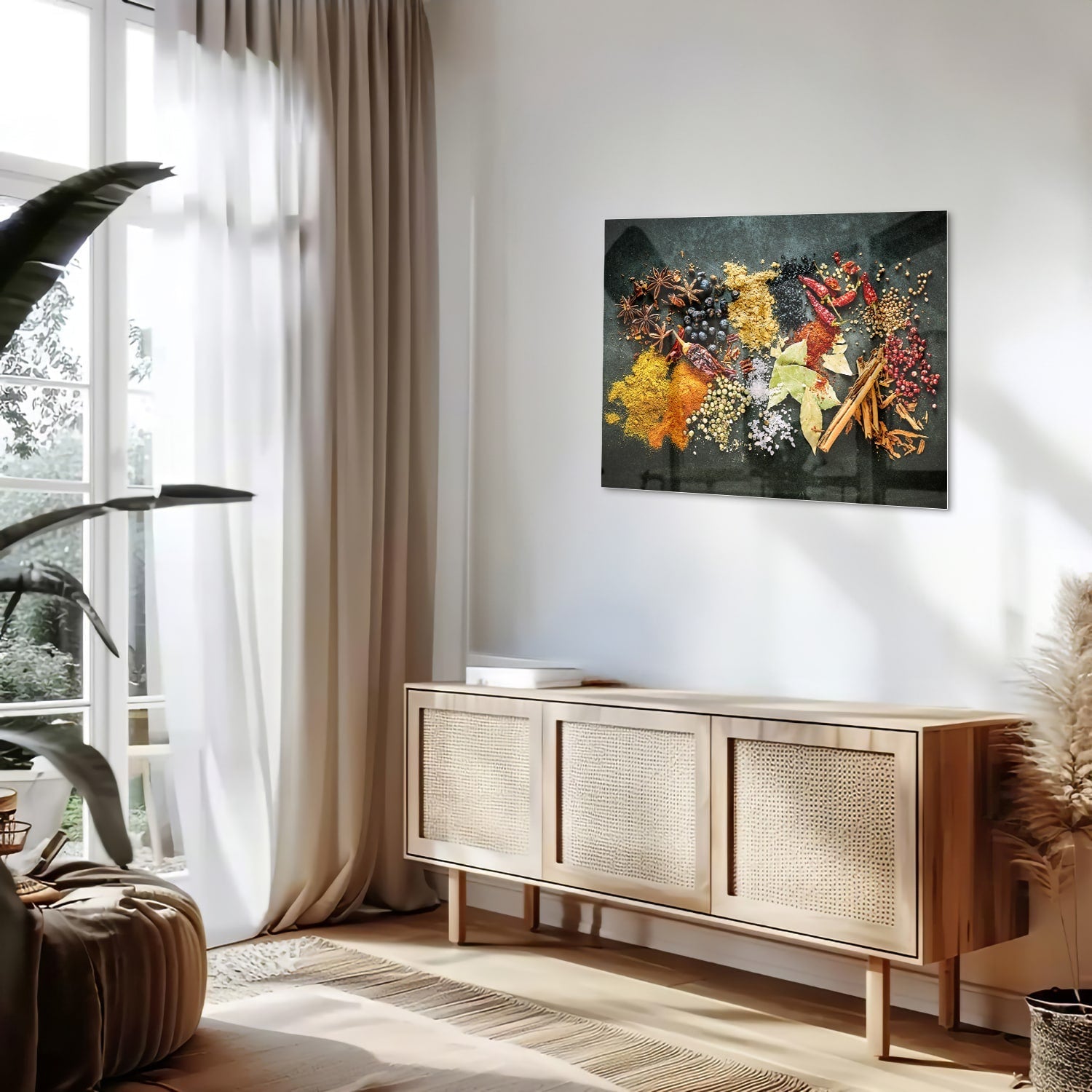 Farbenfrohes Glasbild mit Gewürzen und Blättern
